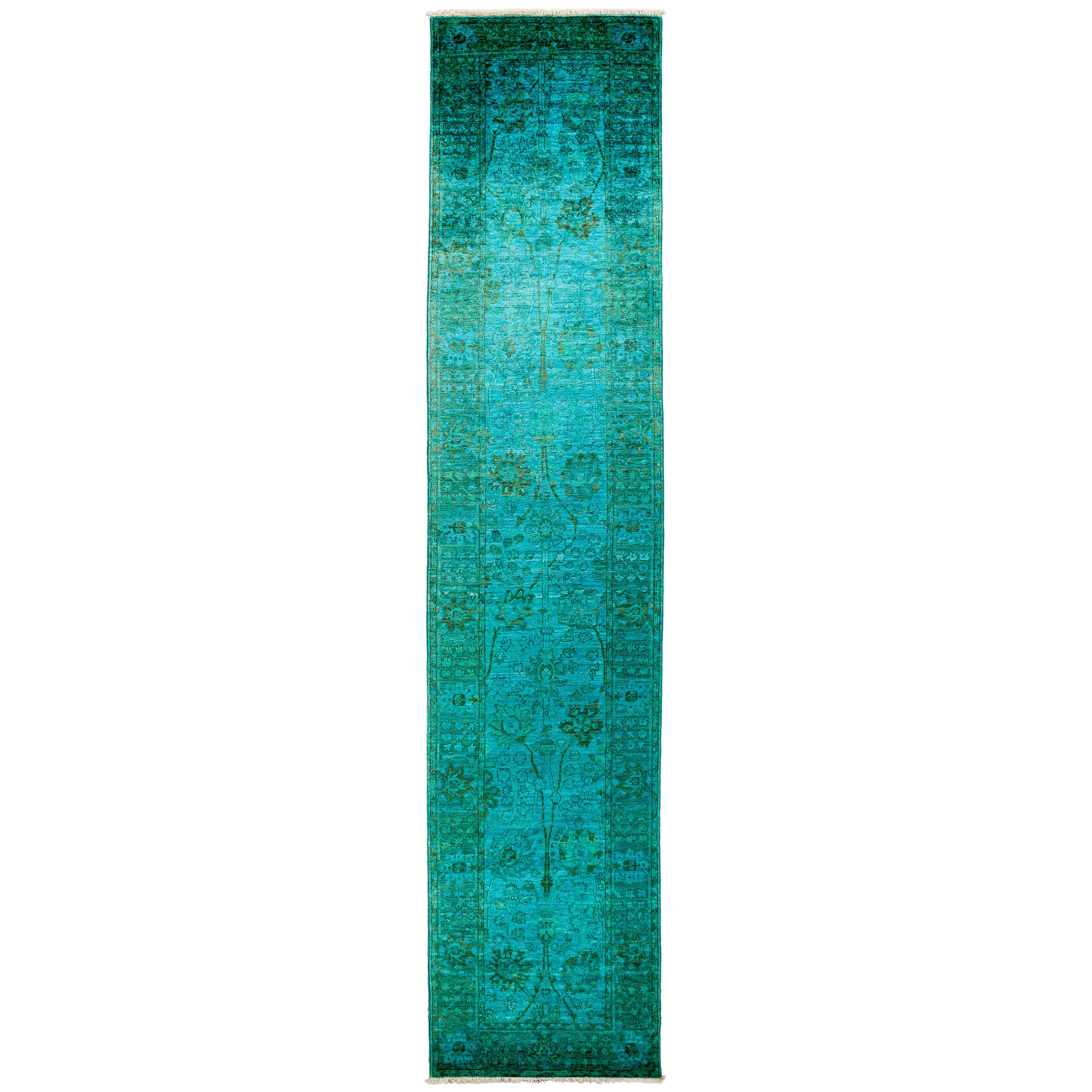 One-of-a-Kind Transitional Wool Hand Knotted Runner Rug, Emerald