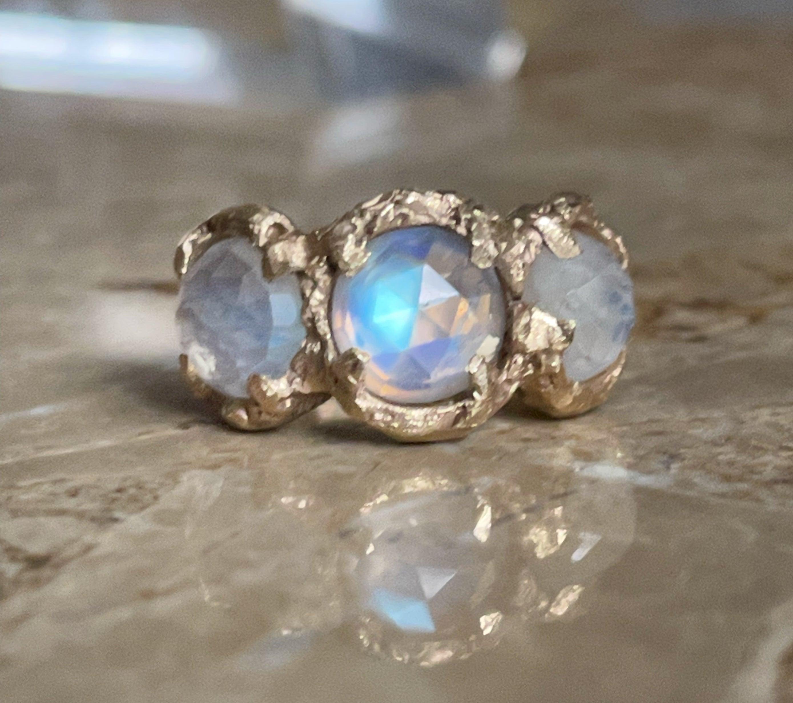 Modern One of a kind Triple Rainbow Moonstone Ring in 14K Yellow Gold