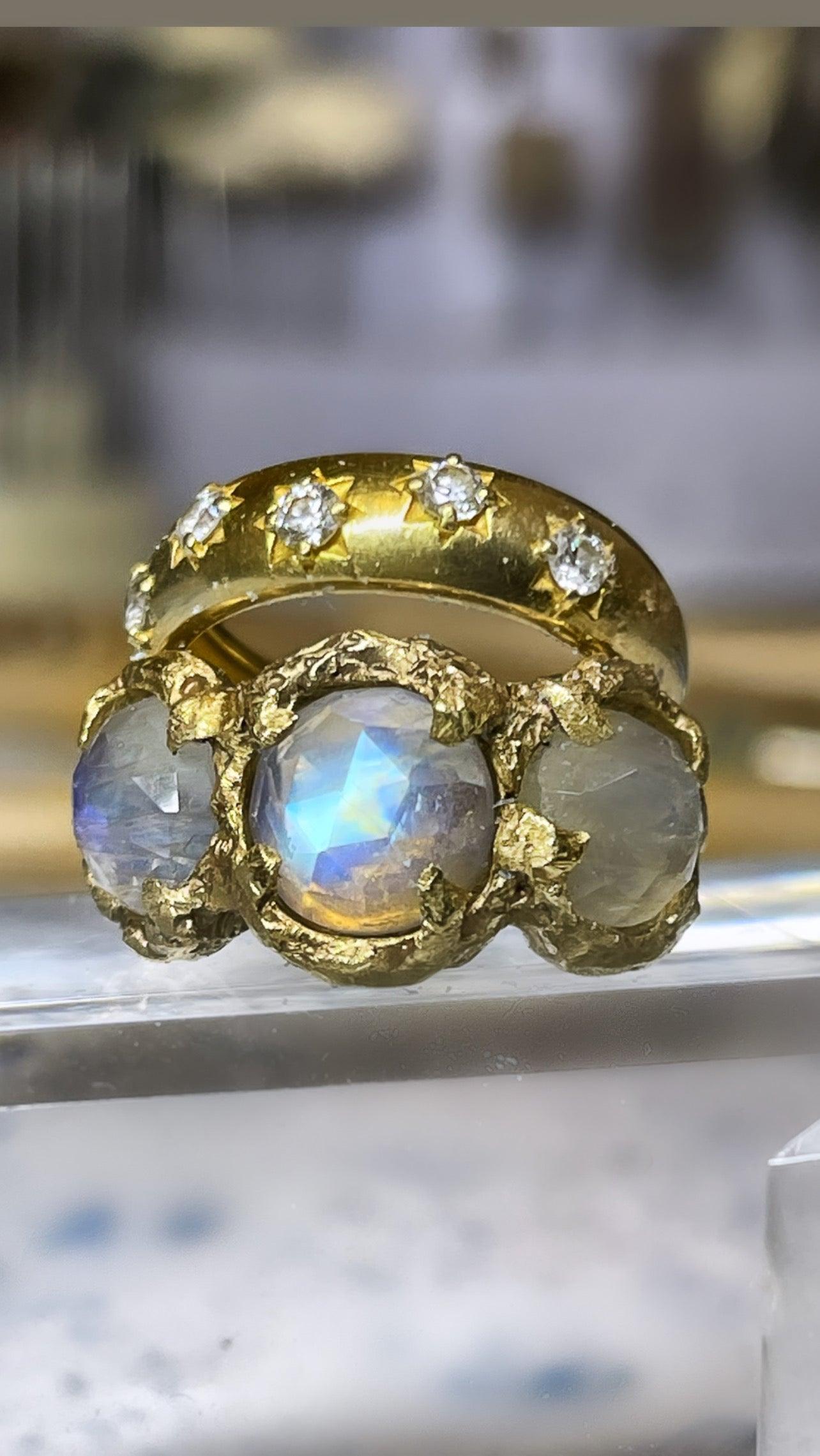 Women's One of a kind Triple Rainbow Moonstone Ring in 14K Yellow Gold