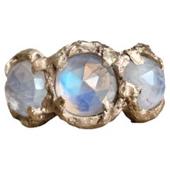 One of a kind Triple Rainbow Moonstone Ring in 14K Yellow Gold
