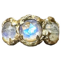 One of a kind Triple Rainbow Moonstone Ring in 14K Yellow Gold