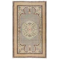 4.2x7 Ft Vintage Hand-knotted Turkish Deco Wool Rug in Muted Peach and Gray