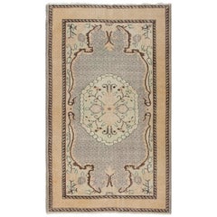 4.2x7 Ft Vintage Hand-knotted Turkish Deco Wool Rug in Muted Peach and Gray 