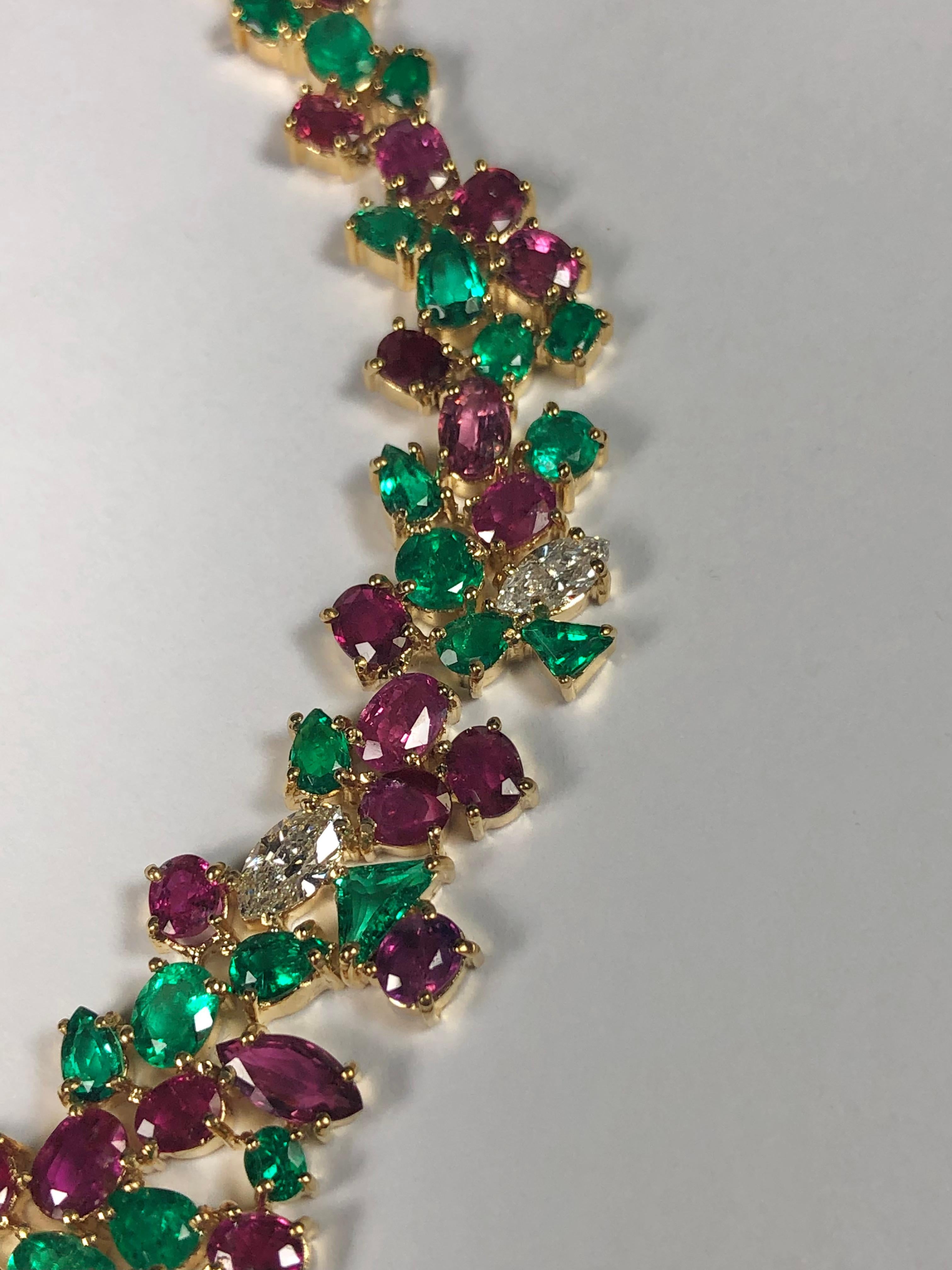 Contemporary Ruby, Emerald, Diamond 61.00 Carat One of a Kind Necklace 18K For Sale