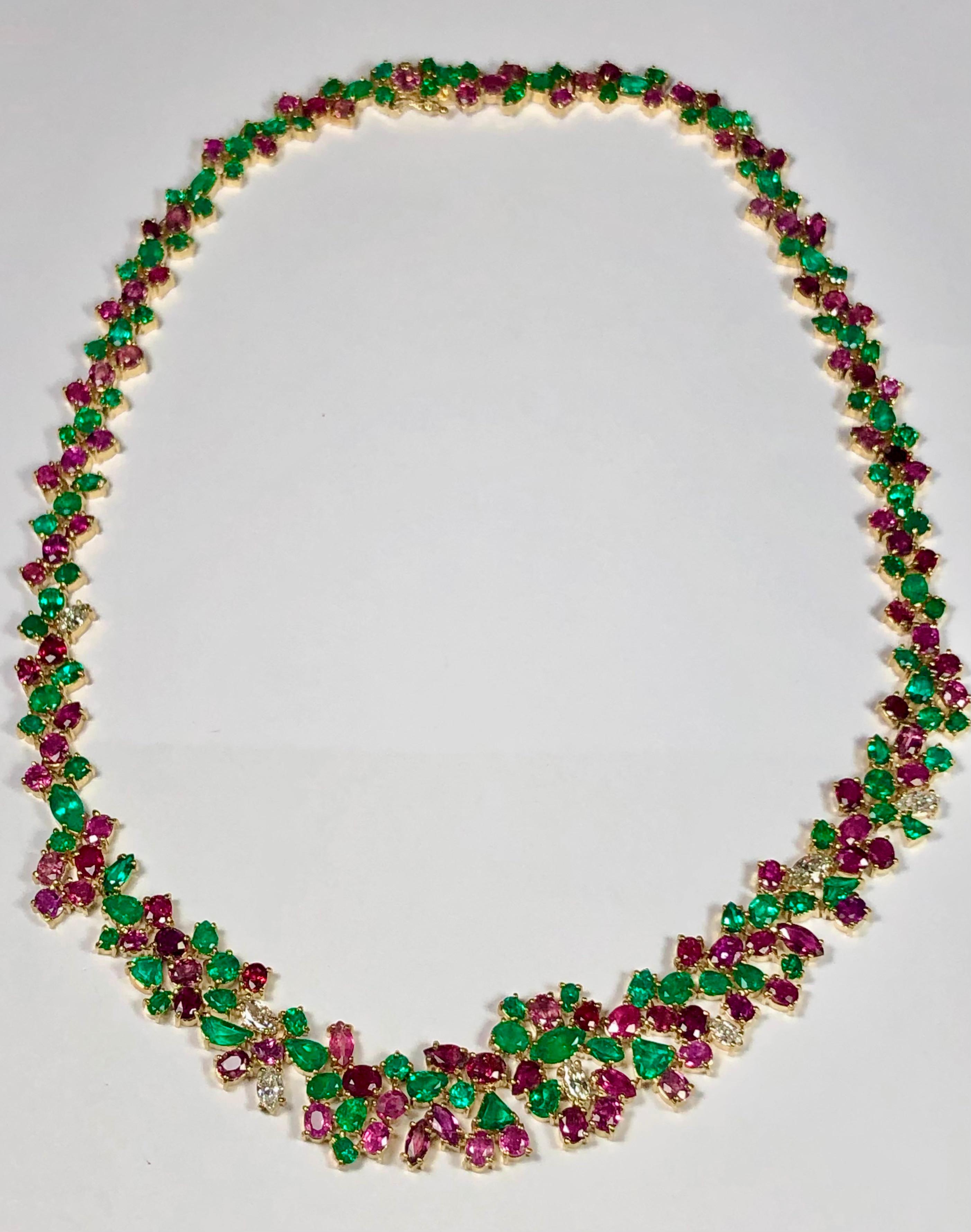 Women's Ruby, Emerald, Diamond 61.00 Carat One of a Kind Necklace 18K For Sale