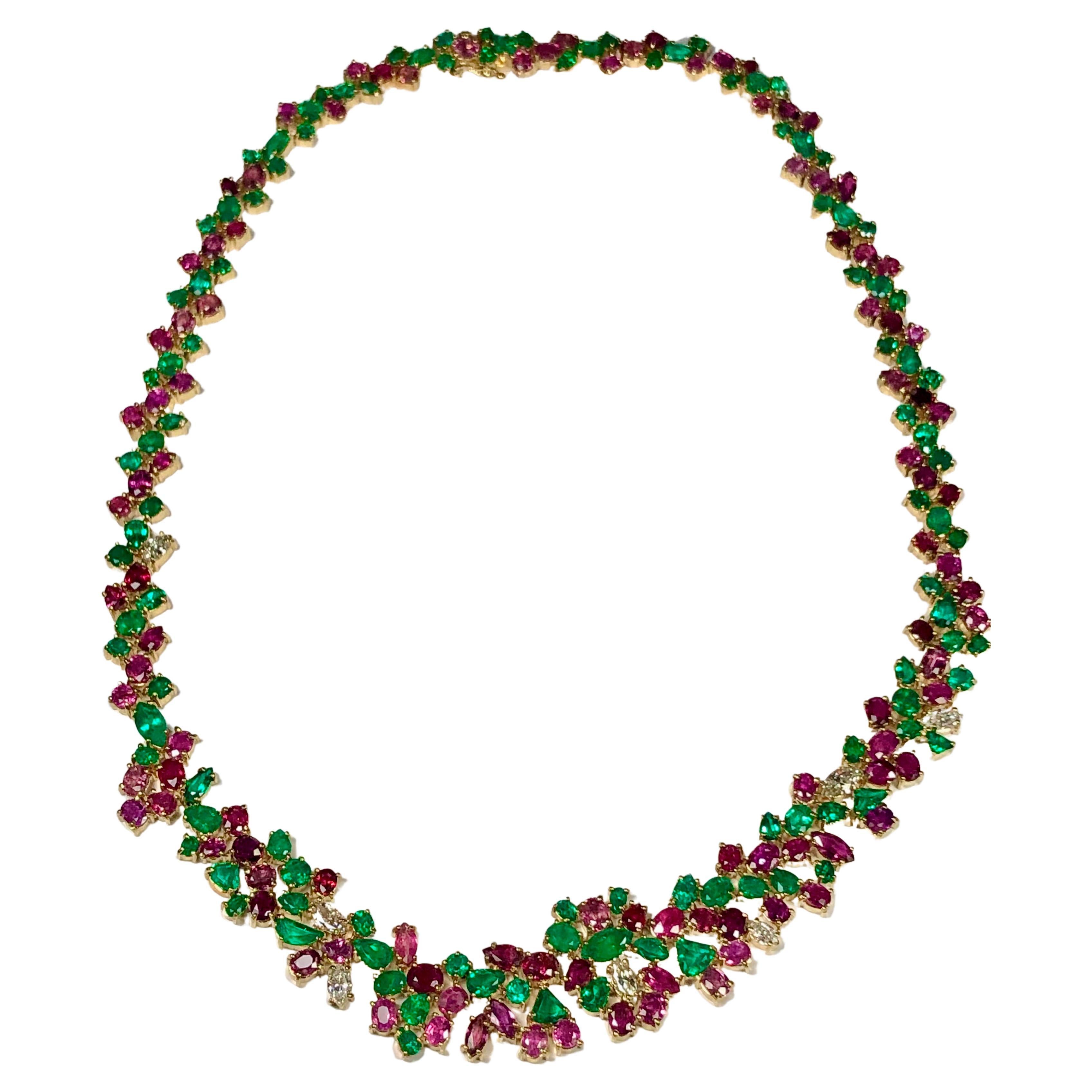 Ruby, Emerald, Diamond 61.00 Carat One of a Kind Necklace 18K For Sale