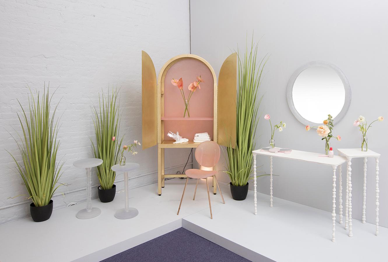 American One of a Kind Unique Glow Cabinet for Glossier in Pink Recycled Plastic & Brass For Sale