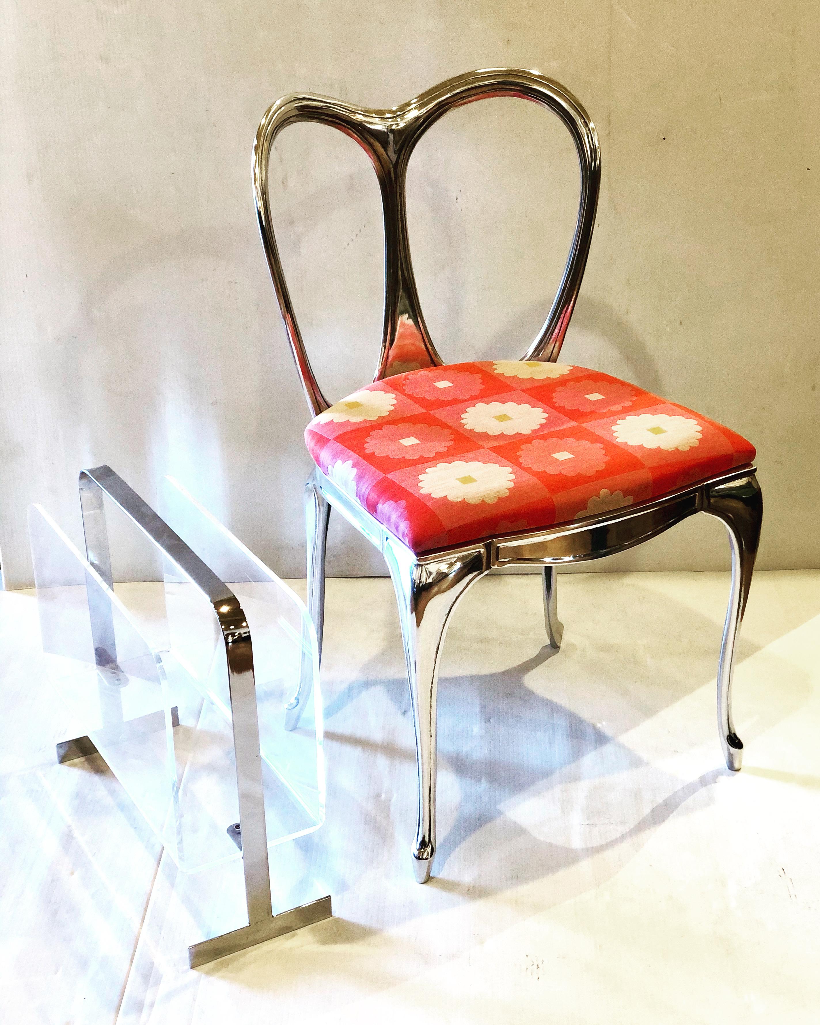 One of a Kind Vanity Chair in Polished Cast Aluminum Art Nouveau Style 1