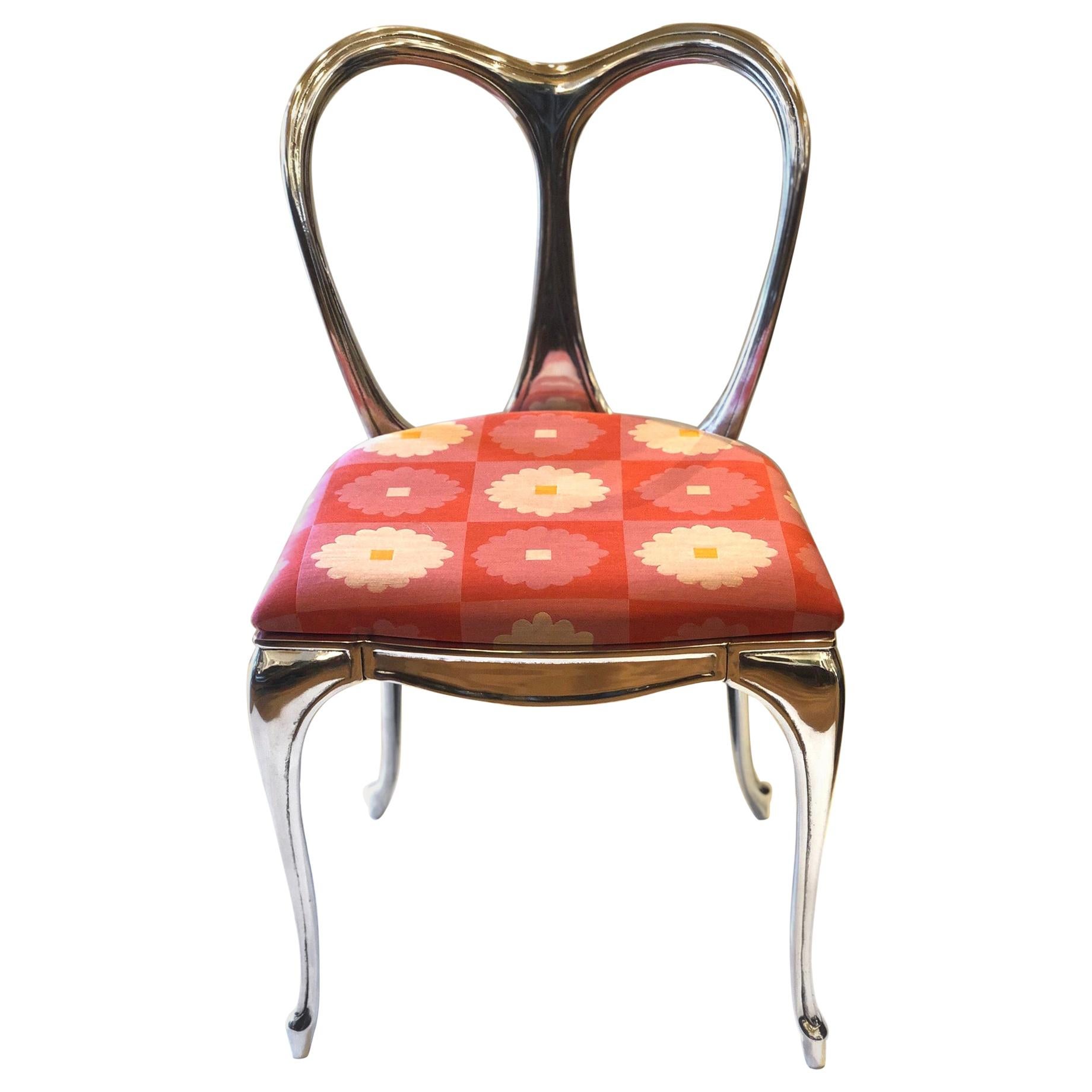 One of a Kind Vanity Chair in Polished Cast Aluminum Art Nouveau Style
