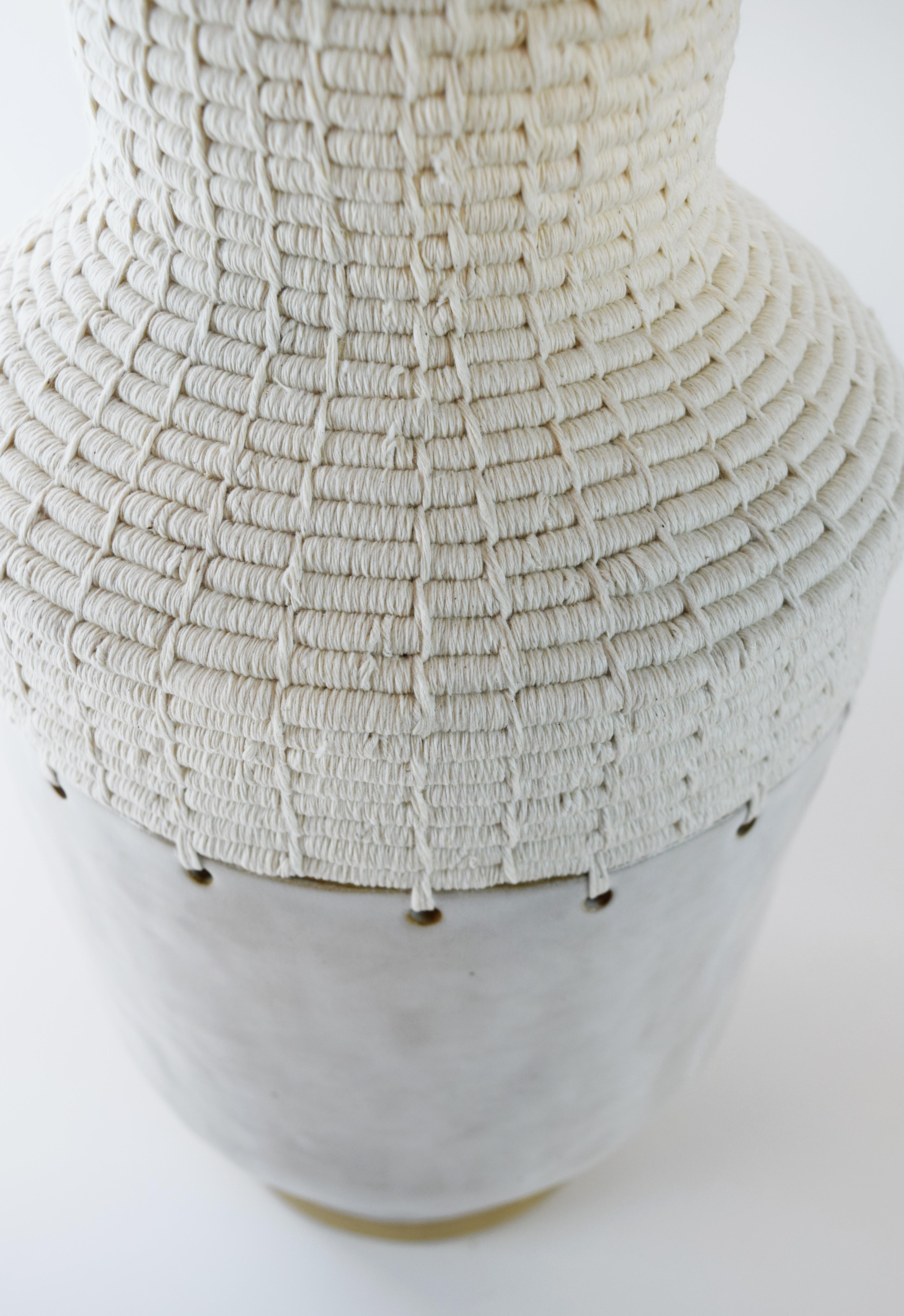 Organic Modern One of a Kind Vessel #751 - Hand Formed Satin White Ceramic and Woven Cotton  -