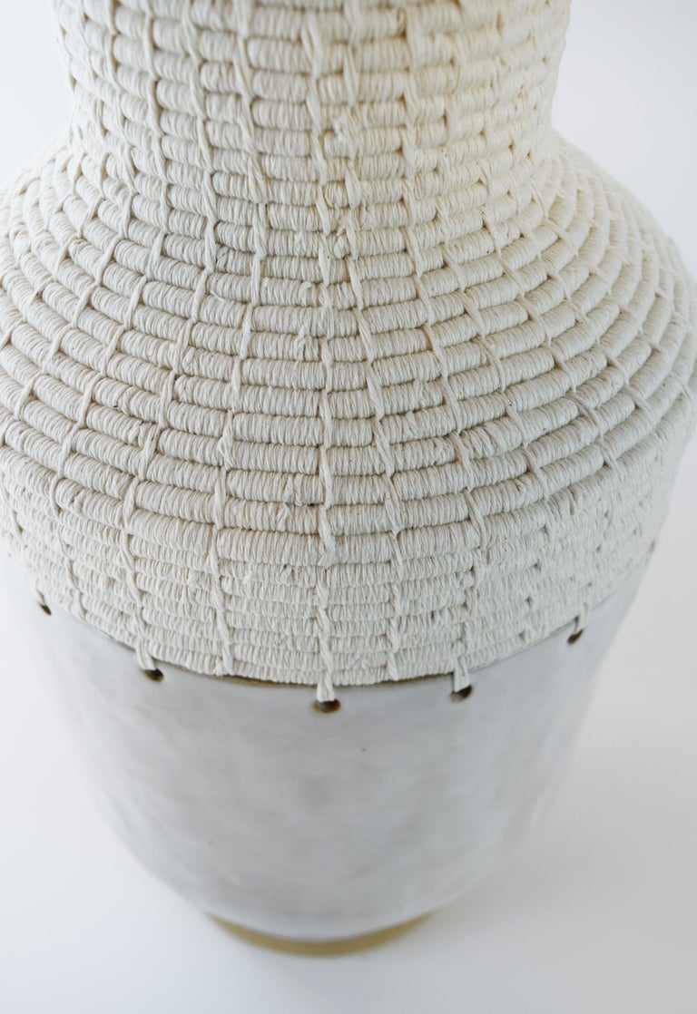 Organic Modern One of a Kind Vessel #751 - Hand Formed Satin White Ceramic and Woven Cotton  -  For Sale