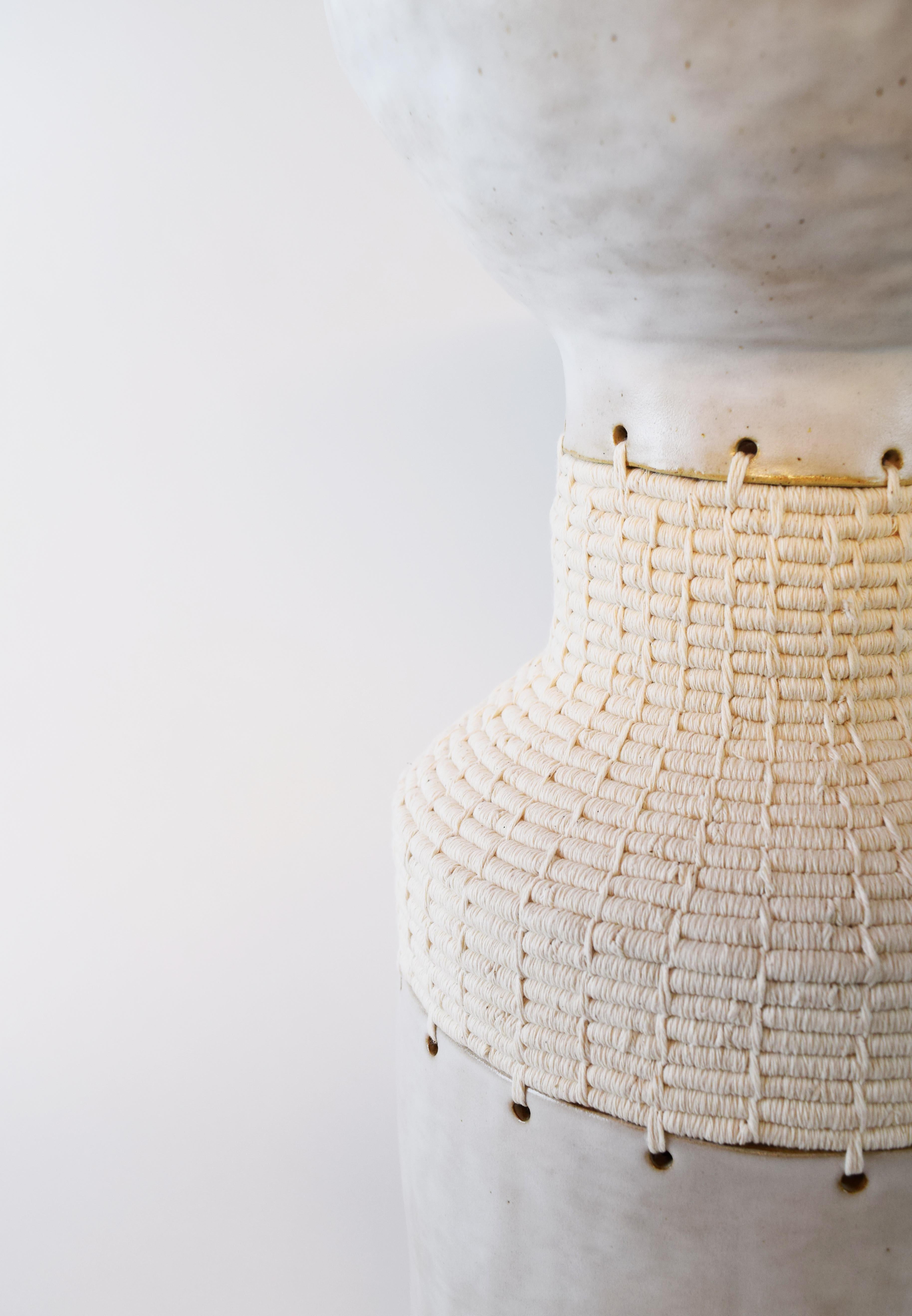 American One of a Kind Vessel #751 - Hand Formed Satin White Ceramic and Woven Cotton  -