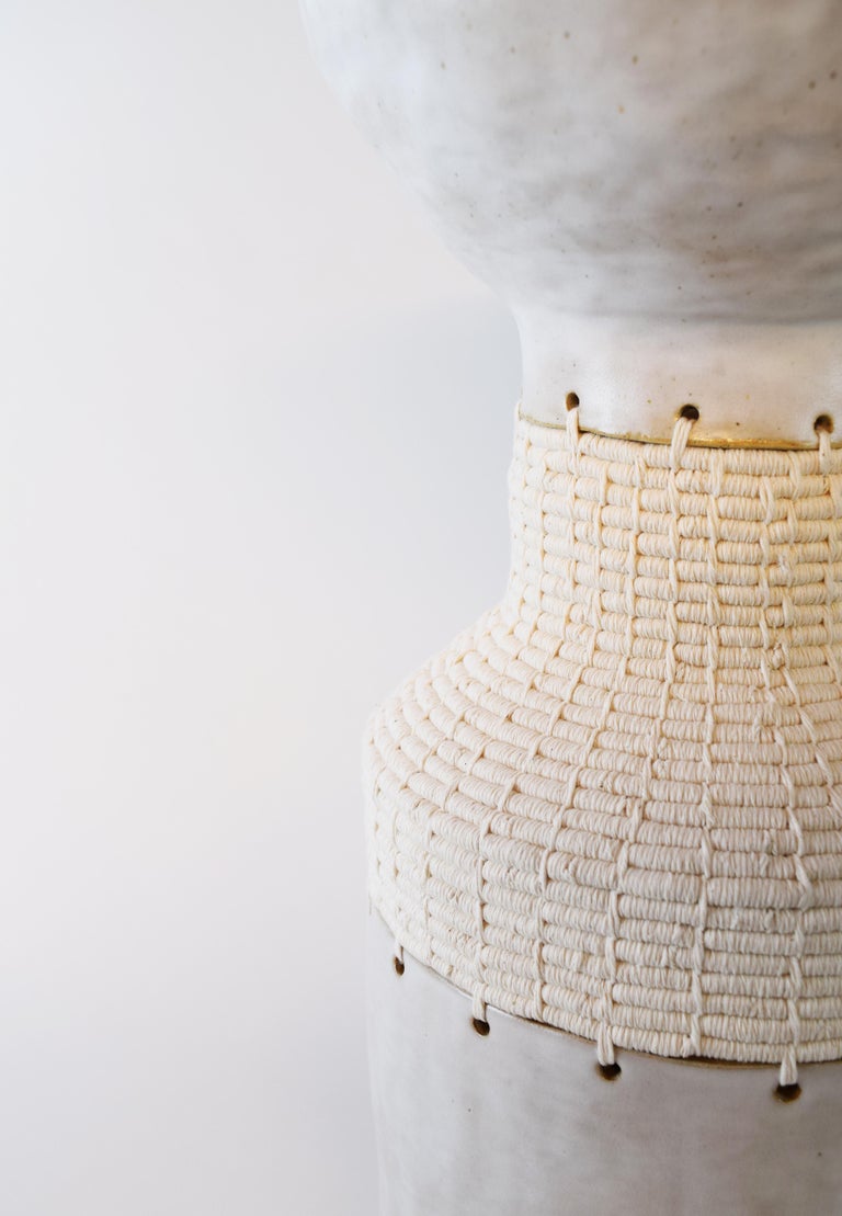 American One of a Kind Vessel #751 - Hand Formed Satin White Ceramic and Woven Cotton  -  For Sale