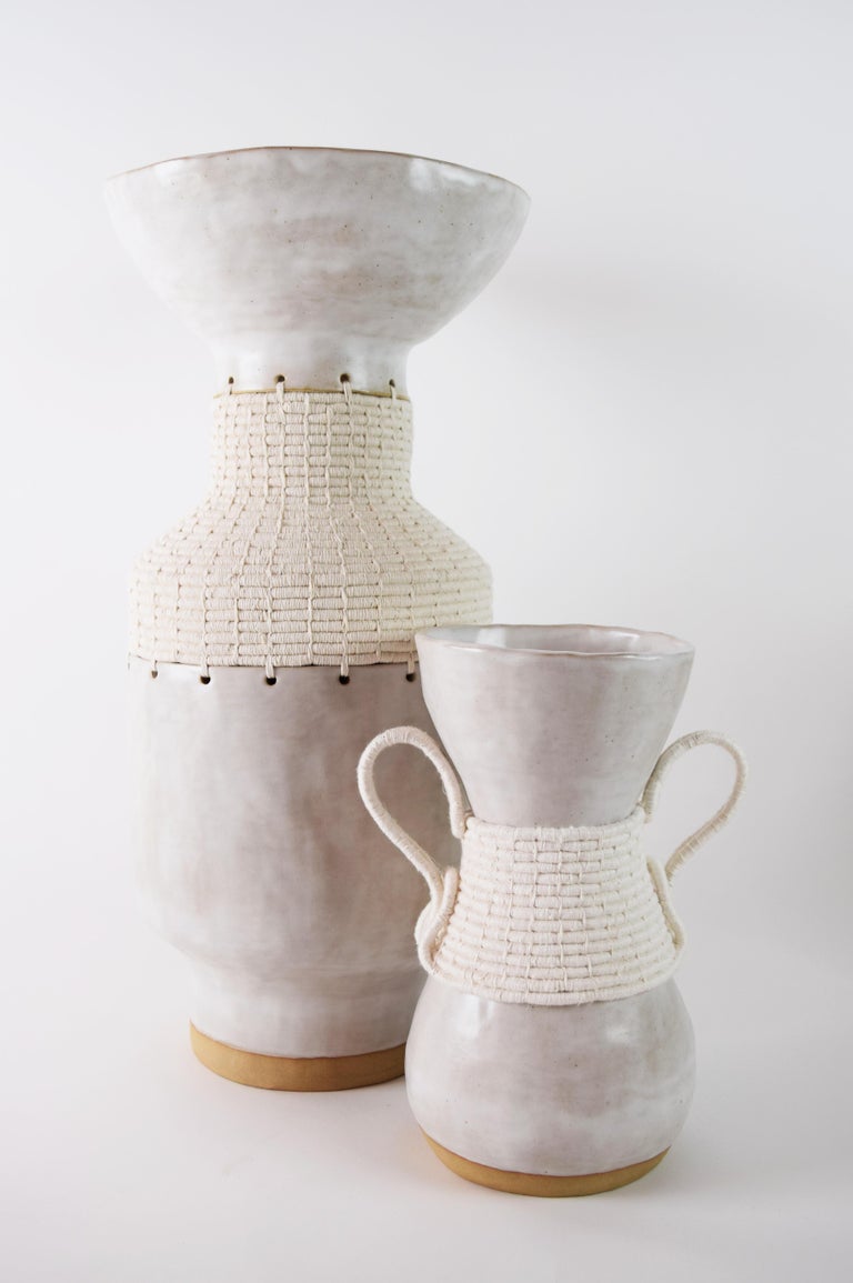 Hand-Crafted One of a Kind Vessel #751 - Hand Formed Satin White Ceramic and Woven Cotton  -  For Sale