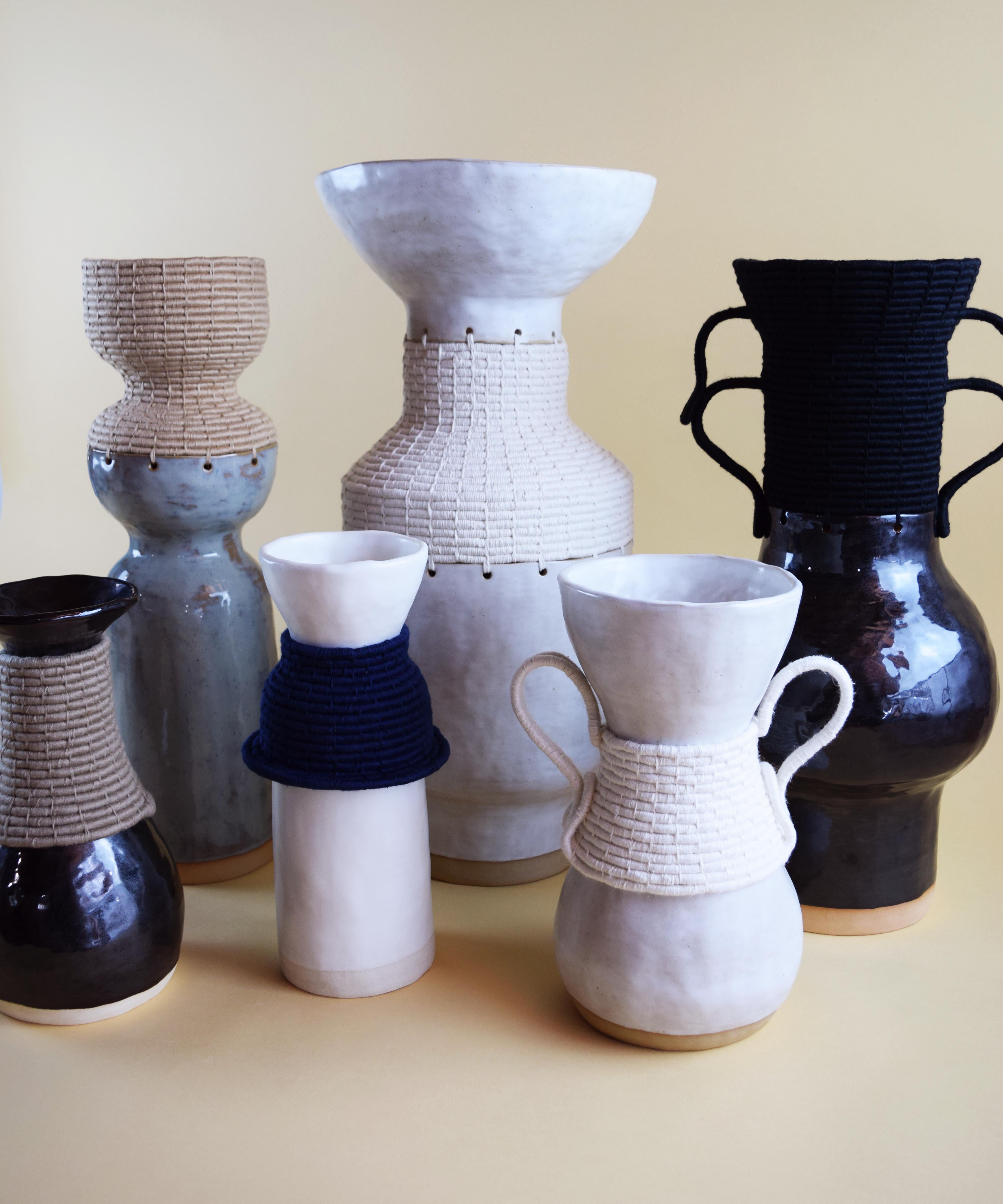 One of a Kind Vessel #751 - Hand Formed Satin White Ceramic and Woven Cotton  - In New Condition In Proctorsville, VT