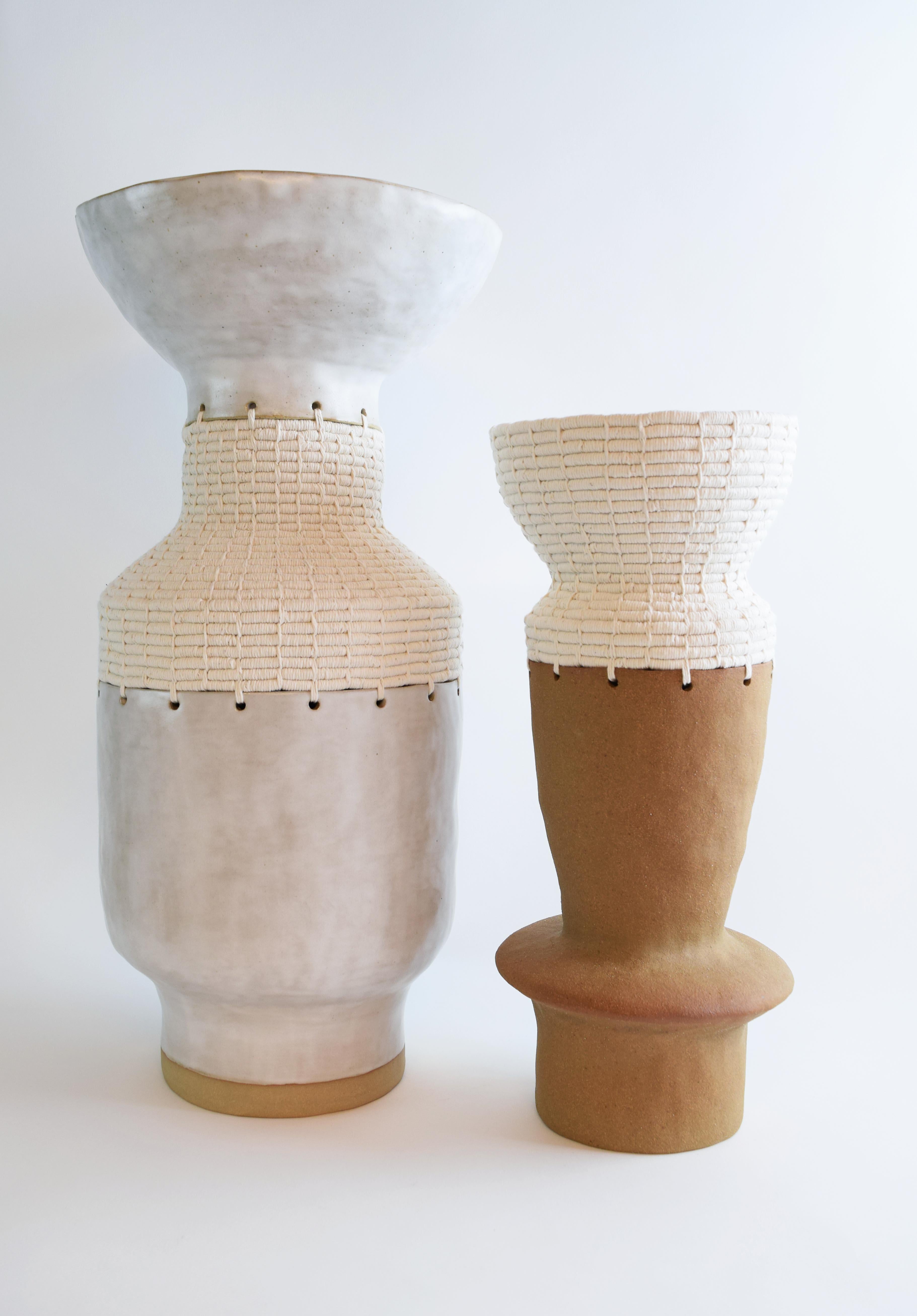 Contemporary One of a Kind Vessel #751 - Hand Formed Satin White Ceramic and Woven Cotton  -