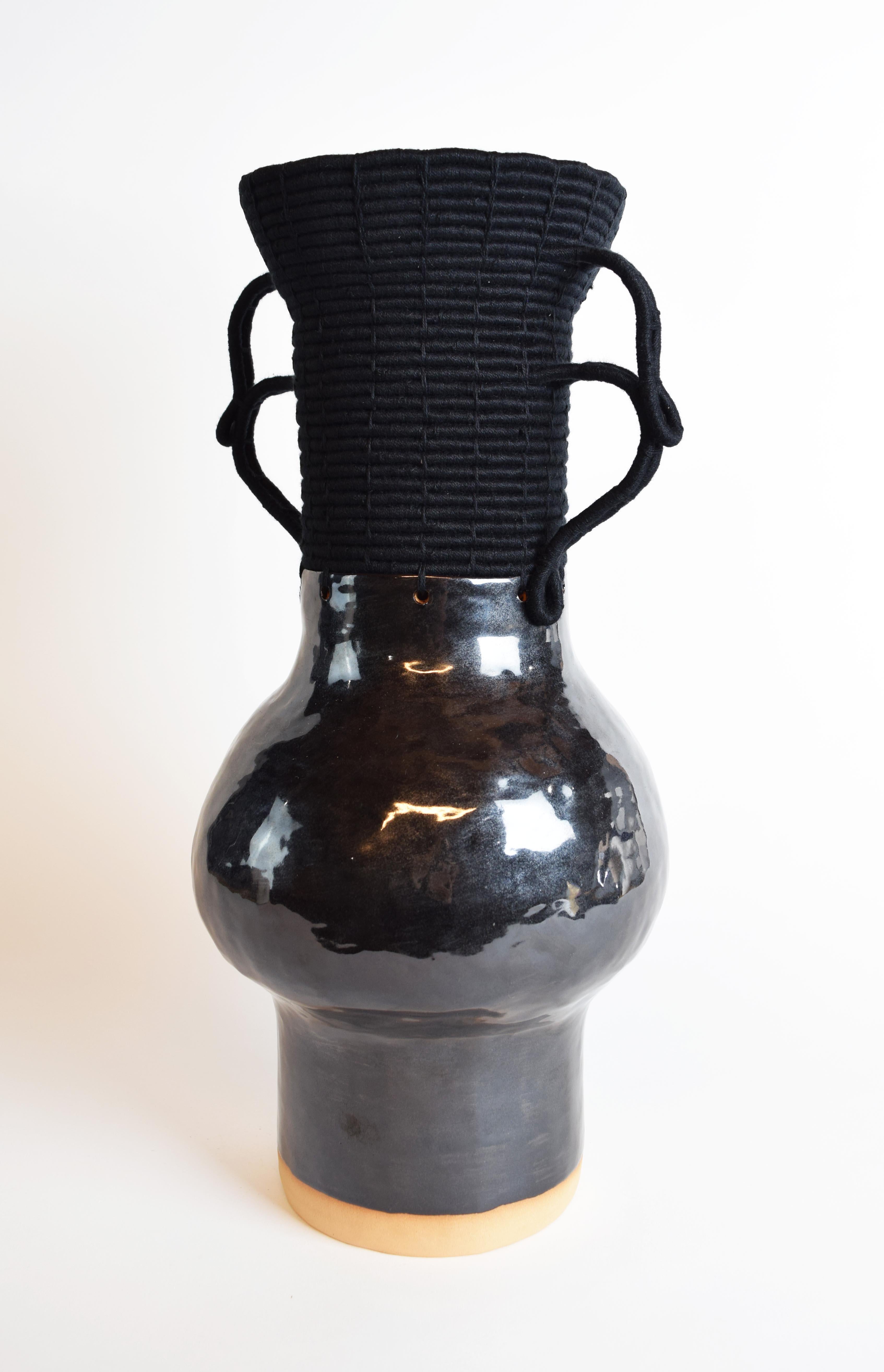 Organic Modern One of a Kind Vessel #752, Hand Formed Black Ceramic and Woven Black Cotton