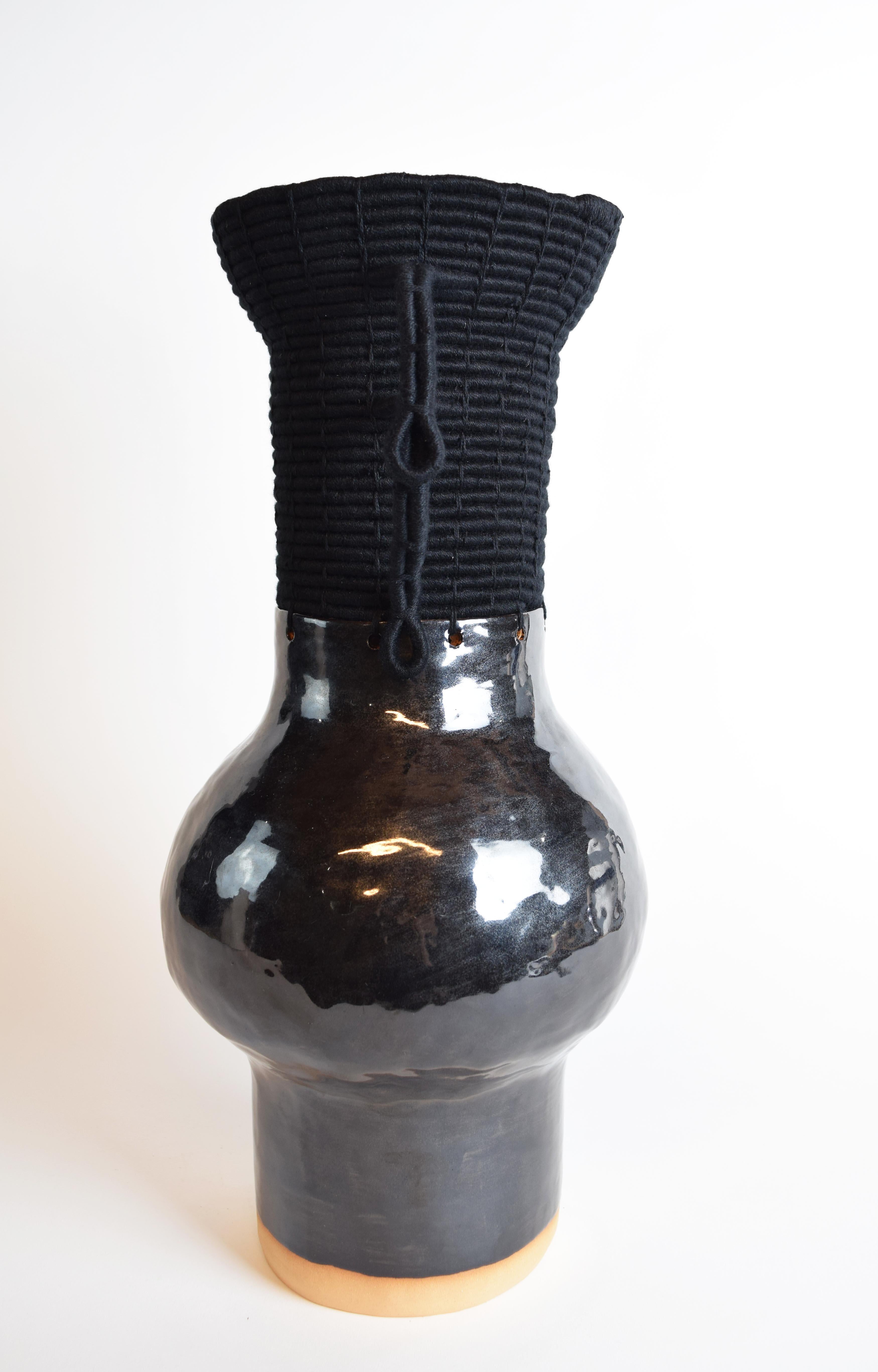 American One of a Kind Vessel #752, Hand Formed Black Ceramic and Woven Black Cotton
