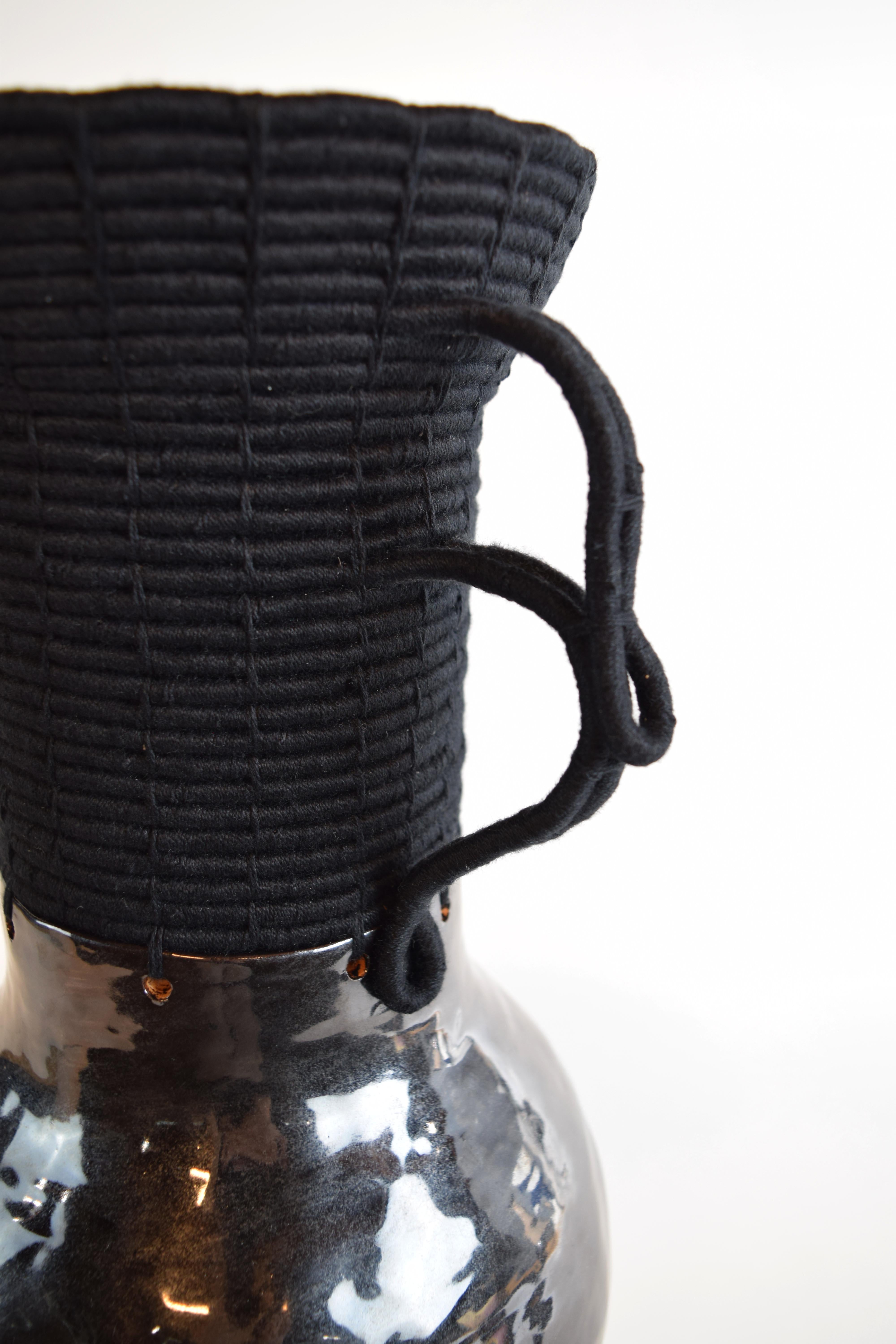 Hand-Crafted One of a Kind Vessel #752, Hand Formed Black Ceramic and Woven Black Cotton