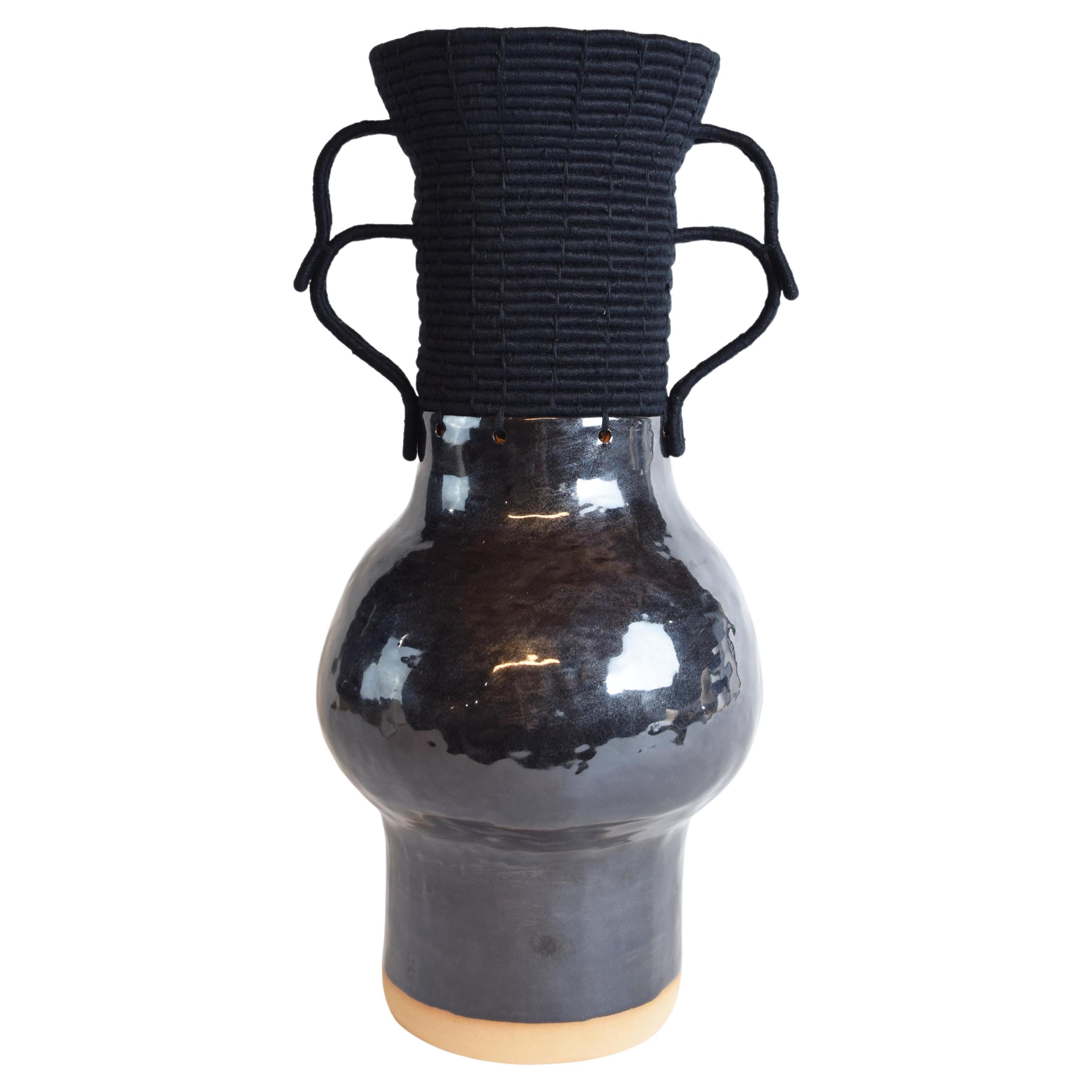 One of a Kind Vessel #752, Hand Formed Black Ceramic and Woven Black Cotton