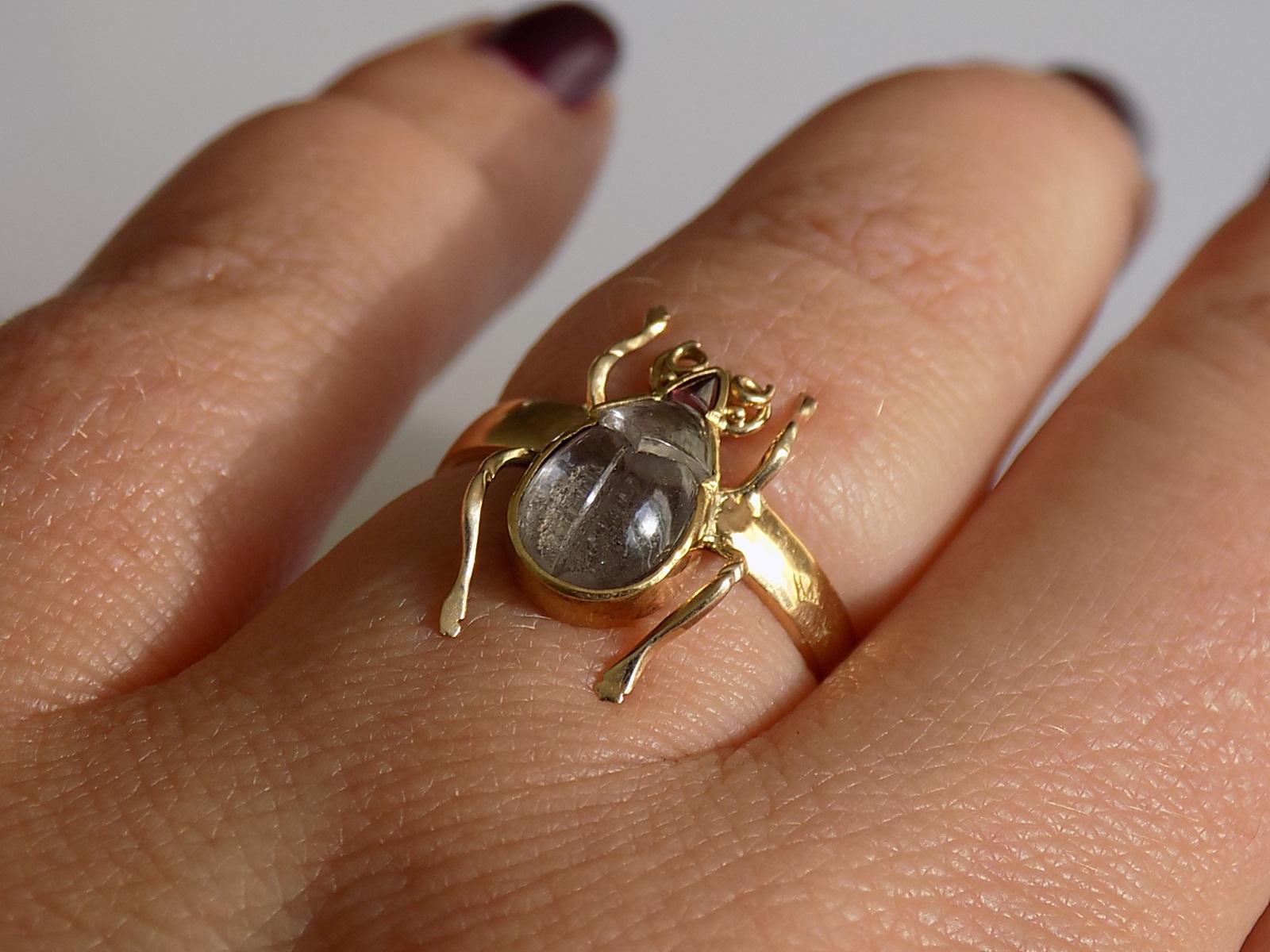One of a Kind Victorian Rock Crystal 18 Karat Gold Bug Beetle Ring 2