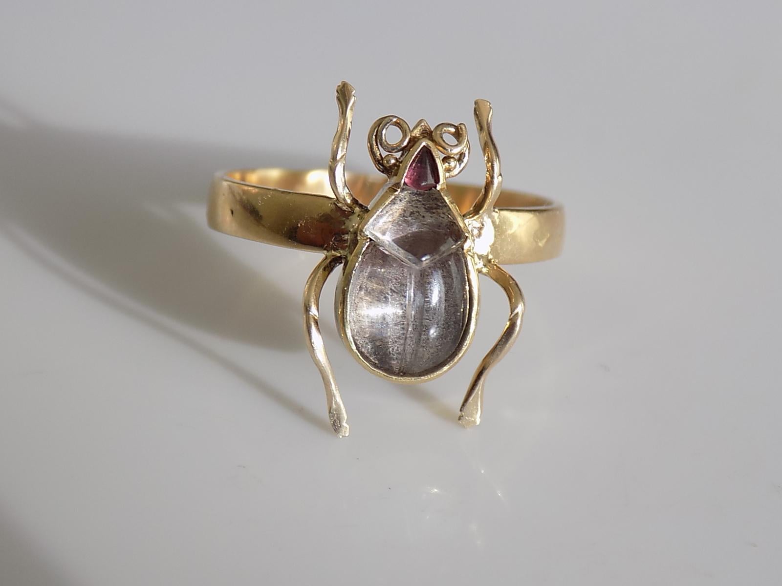 Late Victorian One of a Kind Victorian Rock Crystal 18 Karat Gold Bug Beetle Ring