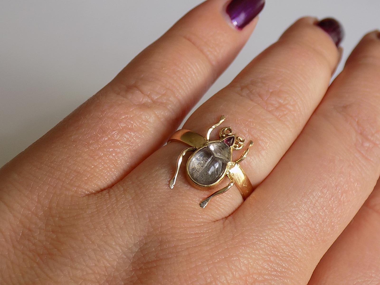 Women's One of a Kind Victorian Rock Crystal 18 Karat Gold Bug Beetle Ring
