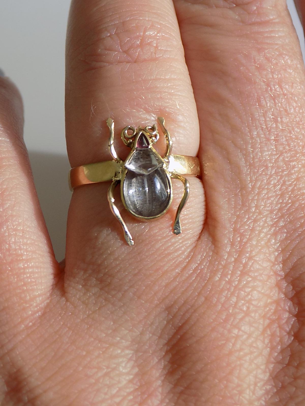 One of a Kind Victorian Rock Crystal 18 Karat Gold Bug Beetle Ring 1