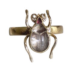 One of a Kind Victorian Rock Crystal 18 Karat Gold Bug Beetle Ring