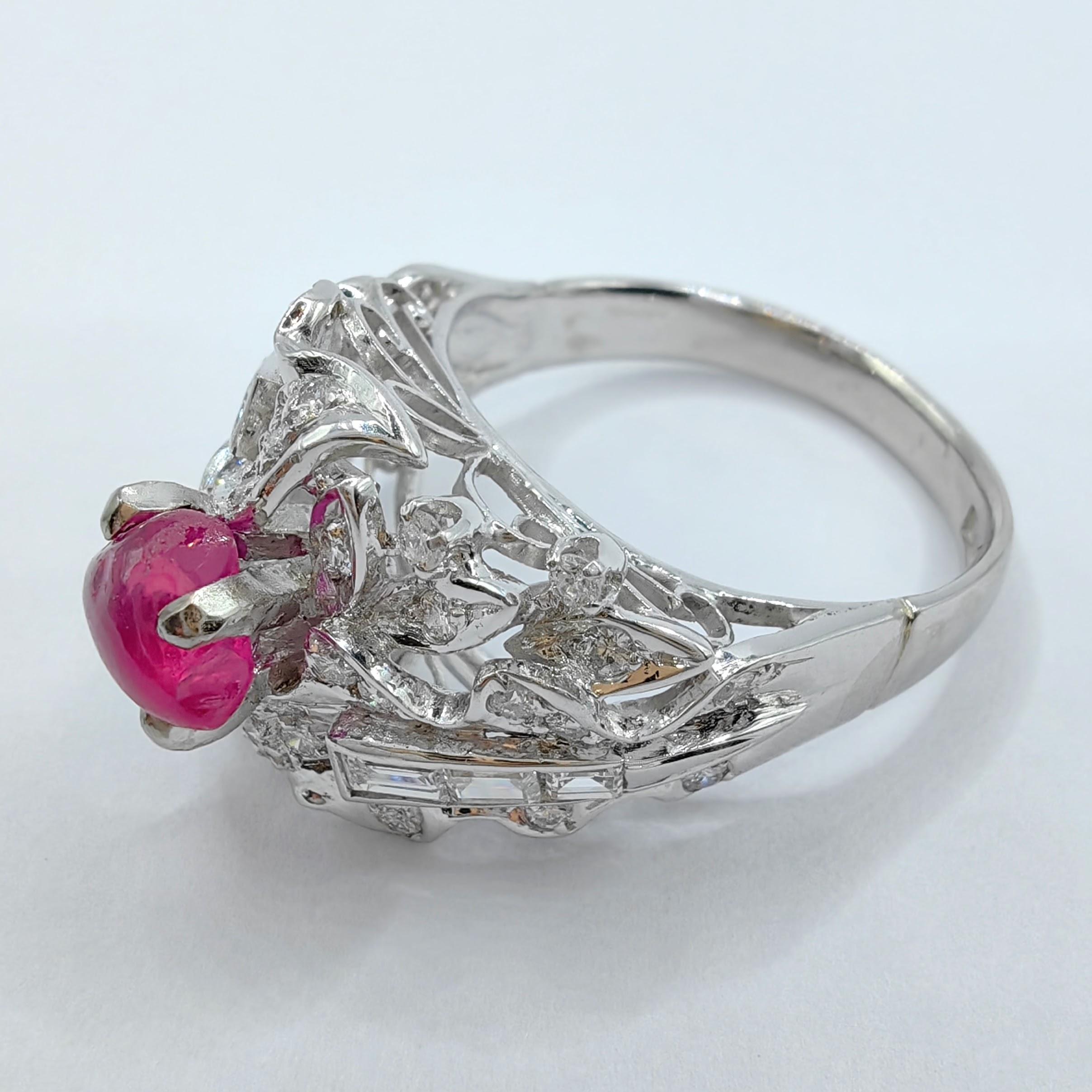 Uncut One-of-a-kind Vintage 1.52ct Freeform Ruby Edwardian Diamond Ring in Platinum For Sale
