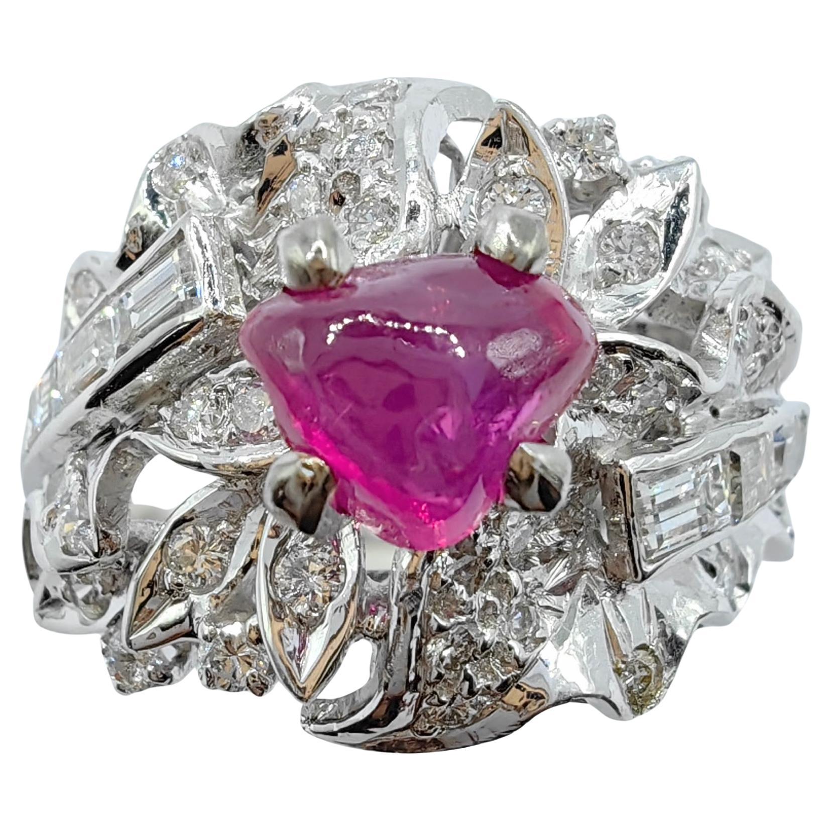 One-of-a-kind Vintage 1.52ct Freeform Ruby Edwardian Diamond Ring in Platinum For Sale