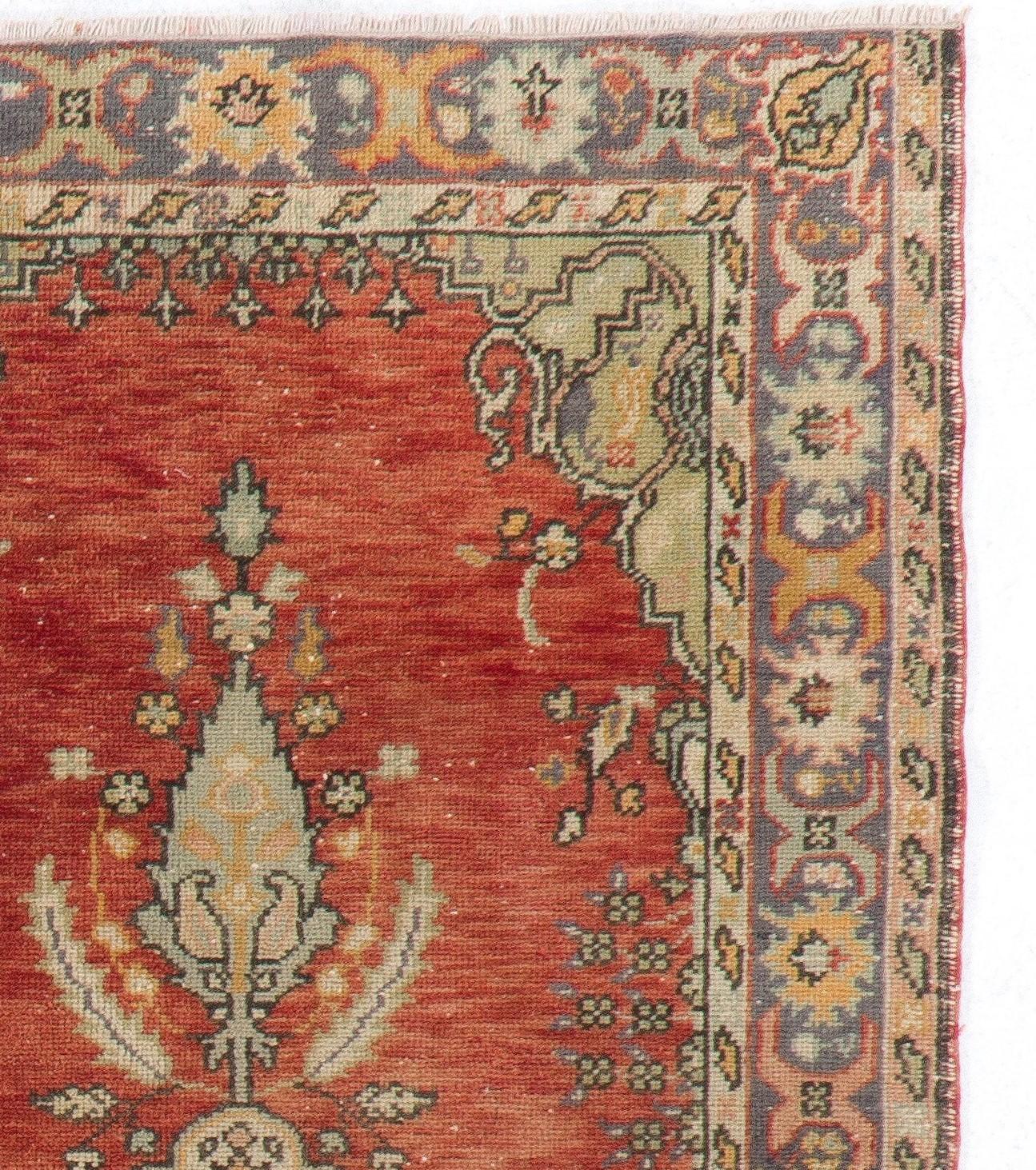 Oushak 3.4x6.5 ft Vintage Handmade Turkish Rug in Warm Red, Beige with Medallion Design