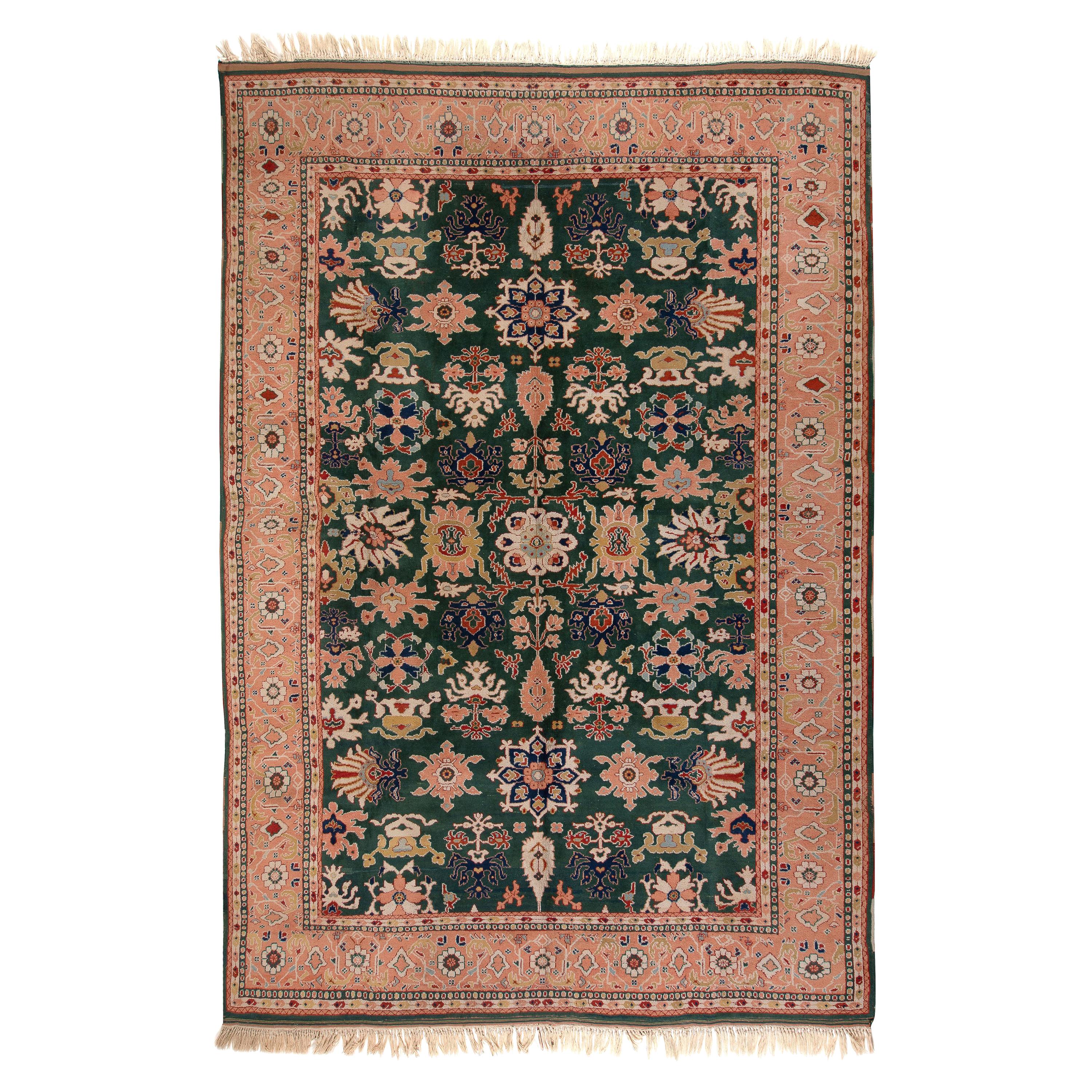 8.4x10.2 Ft Emerald Green and Peach Turkish Rug, 100% Wool & Natural Dyes