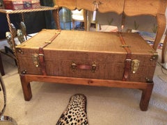 One of a Kind Vintage Rattan Suitcase Coffee Table on Custom Wooden Base