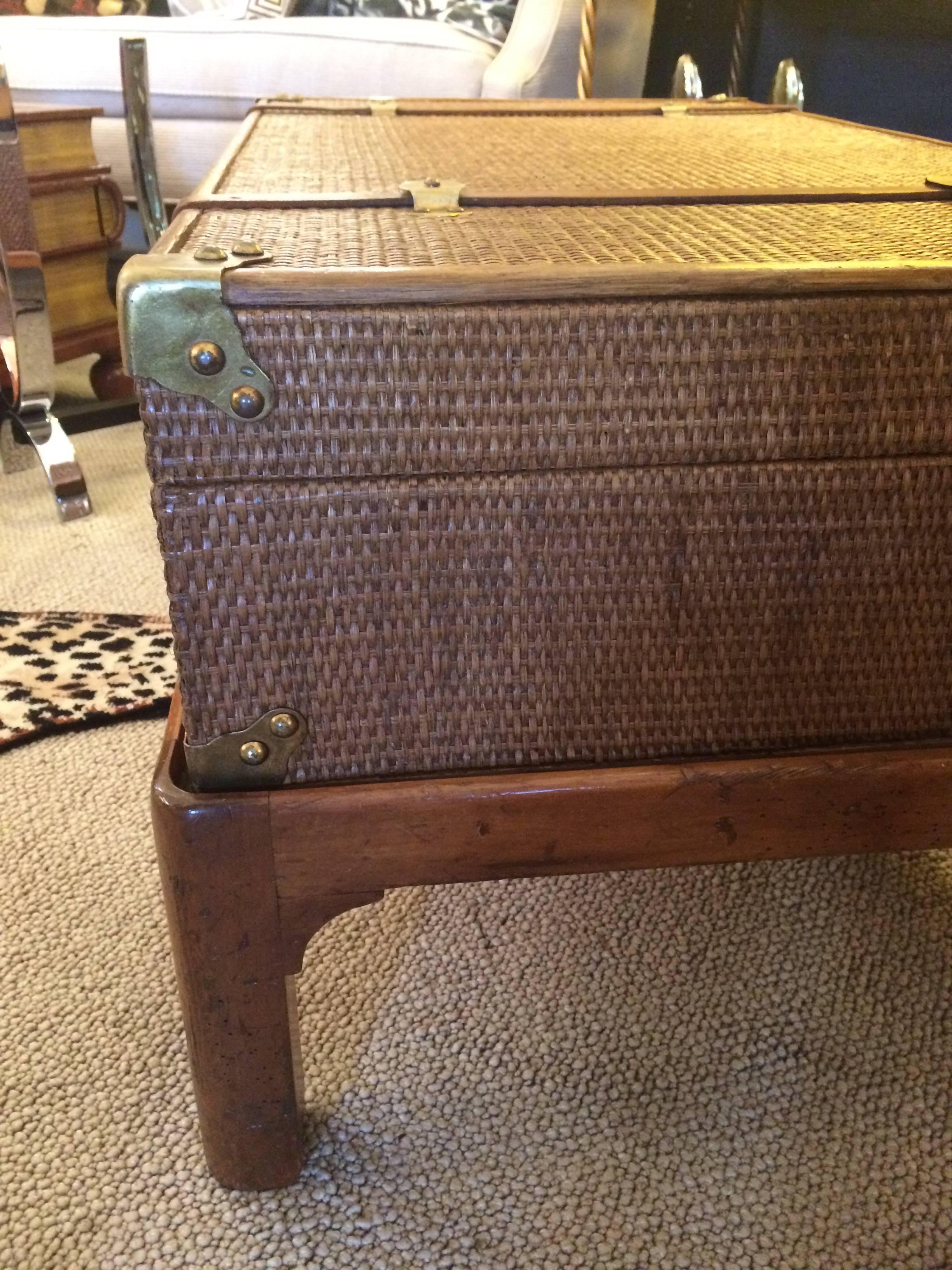 Early 20th Century One of a Kind Vintage Rattan Suitcase Coffee Table on Custom Wooden Base