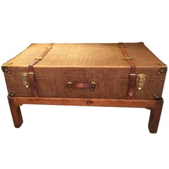 One of a Kind Antique Rattan Suitcase Coffee Table on Custom Wooden Base