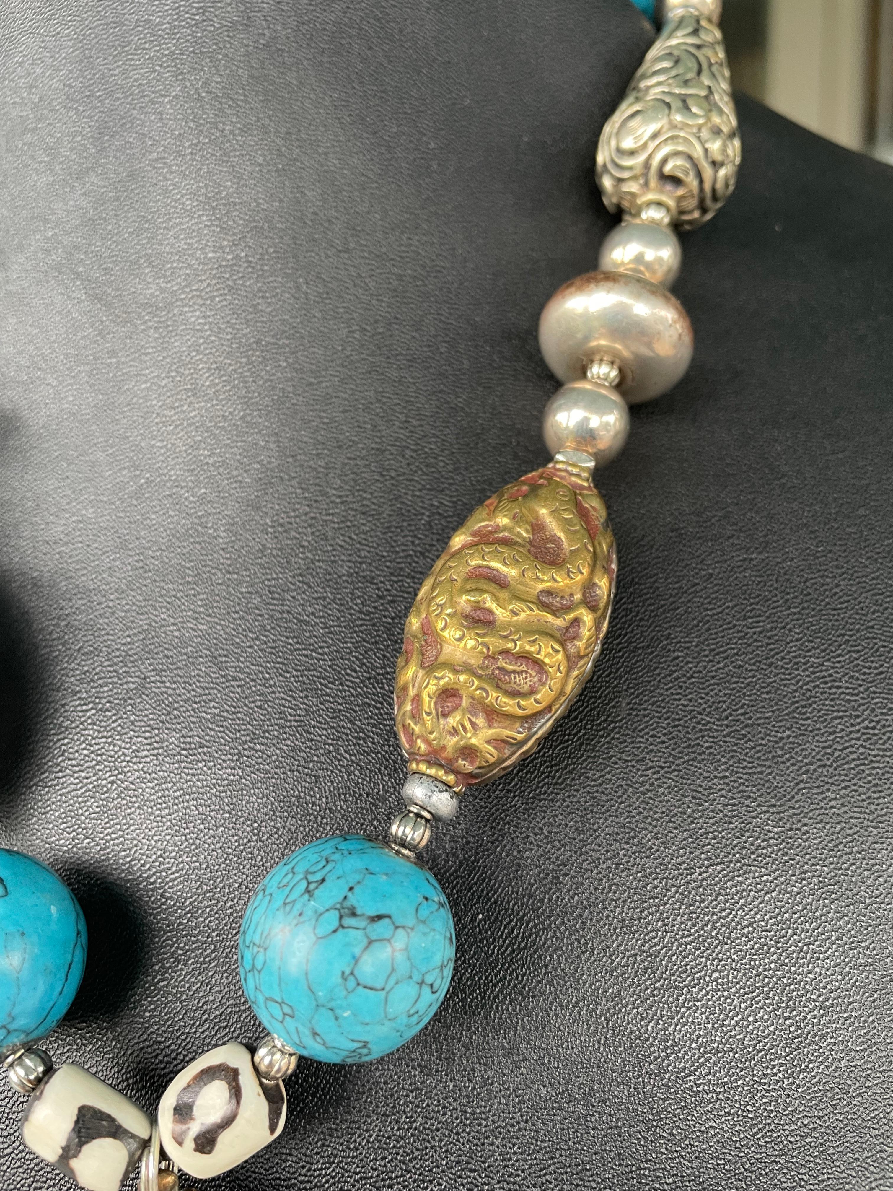 Bead One of a kind vintage sterling elephant pendant on turquoise, brass and sterling