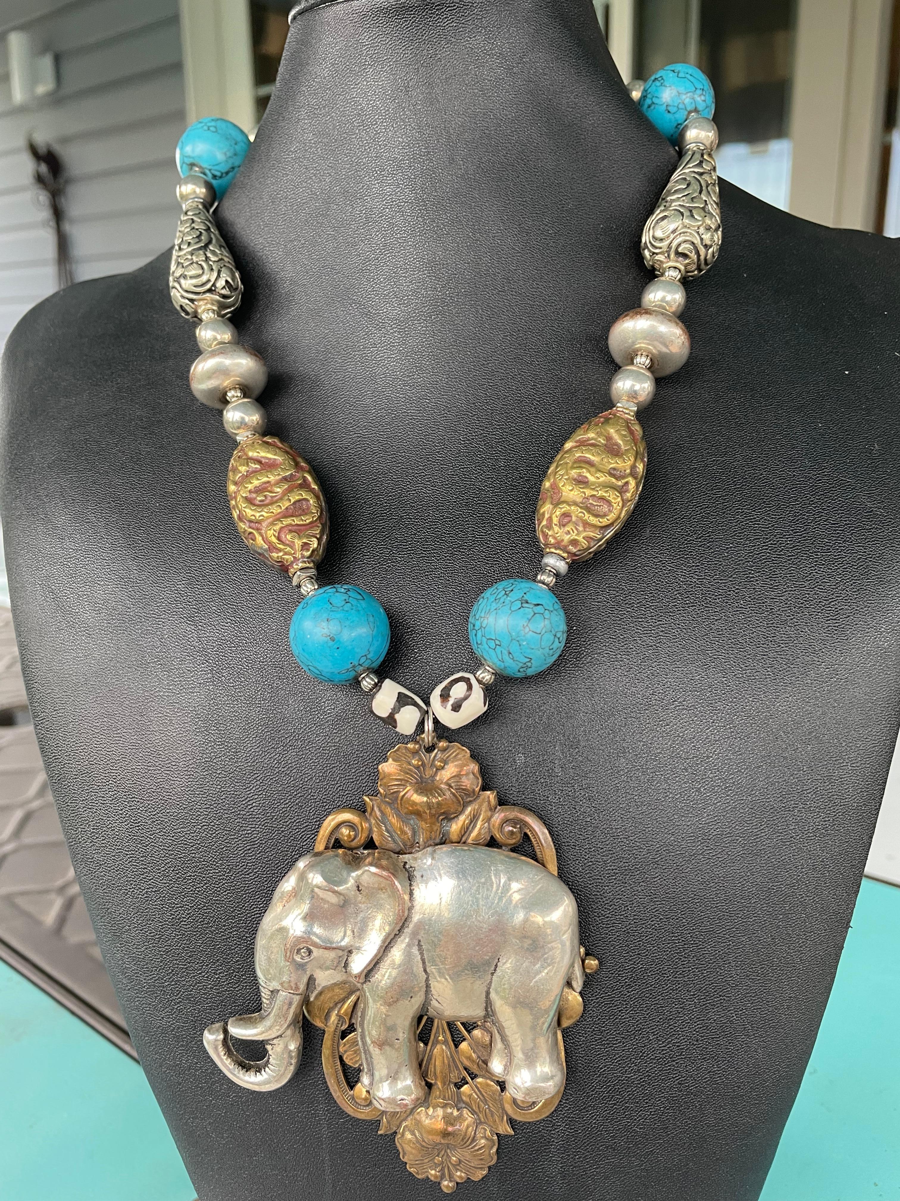 One of a kind vintage sterling elephant pendant on turquoise, brass and sterling In Good Condition In Pittsburgh, PA