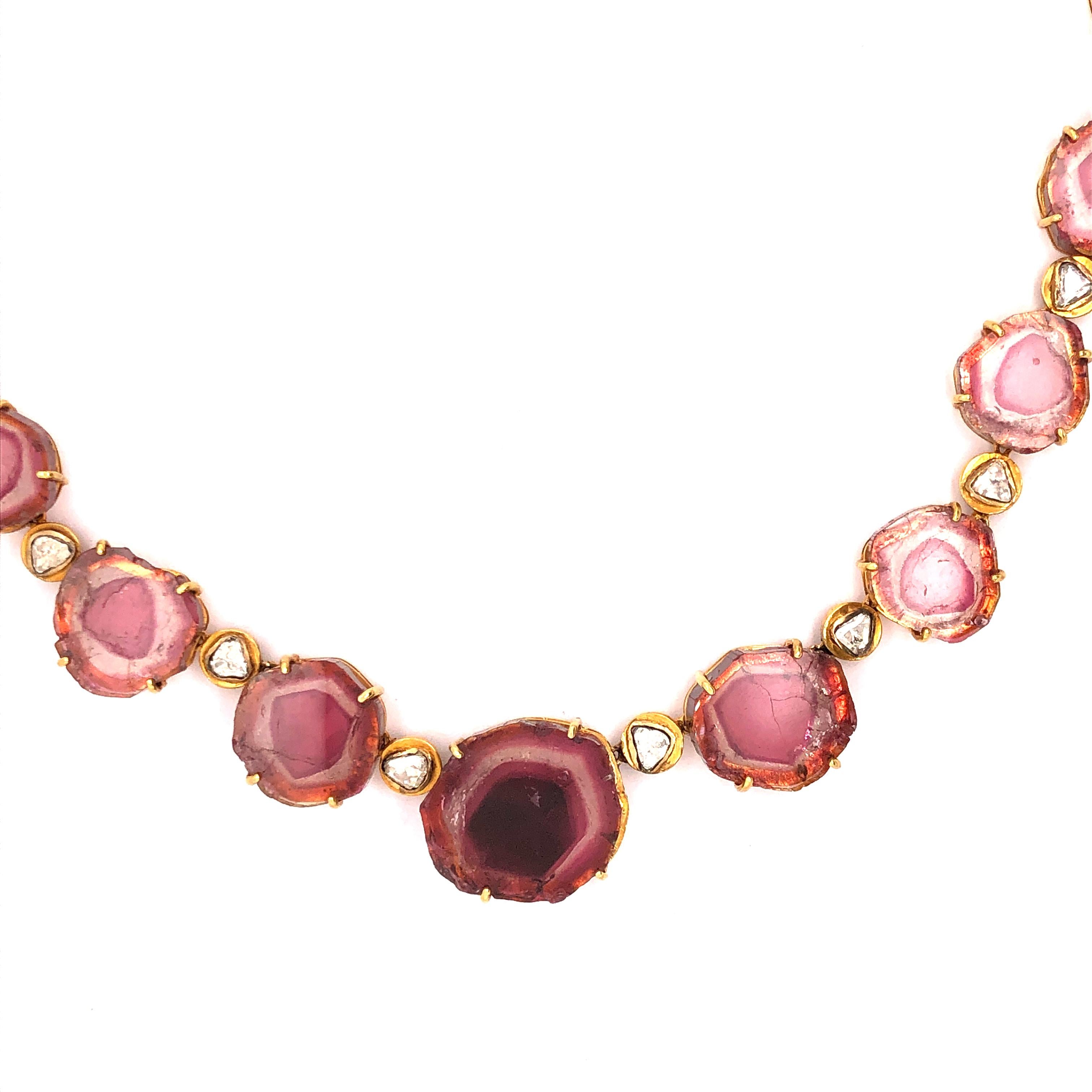 Modern One of a Kind Watermelon Tourmaline Necklace in Gold with Diamonds