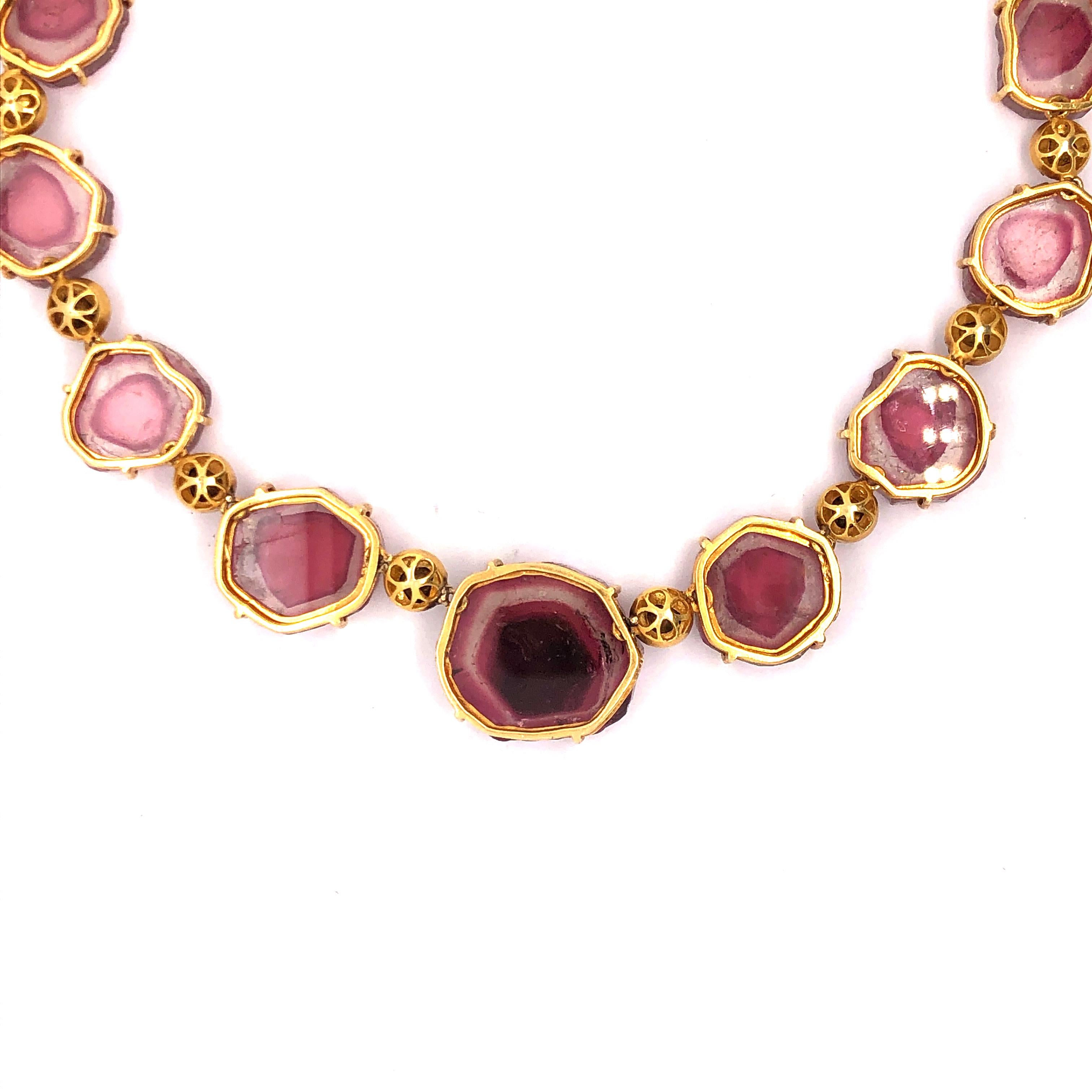 One of a Kind Watermelon Tourmaline Necklace in Gold with Diamonds In New Condition In New York, NY