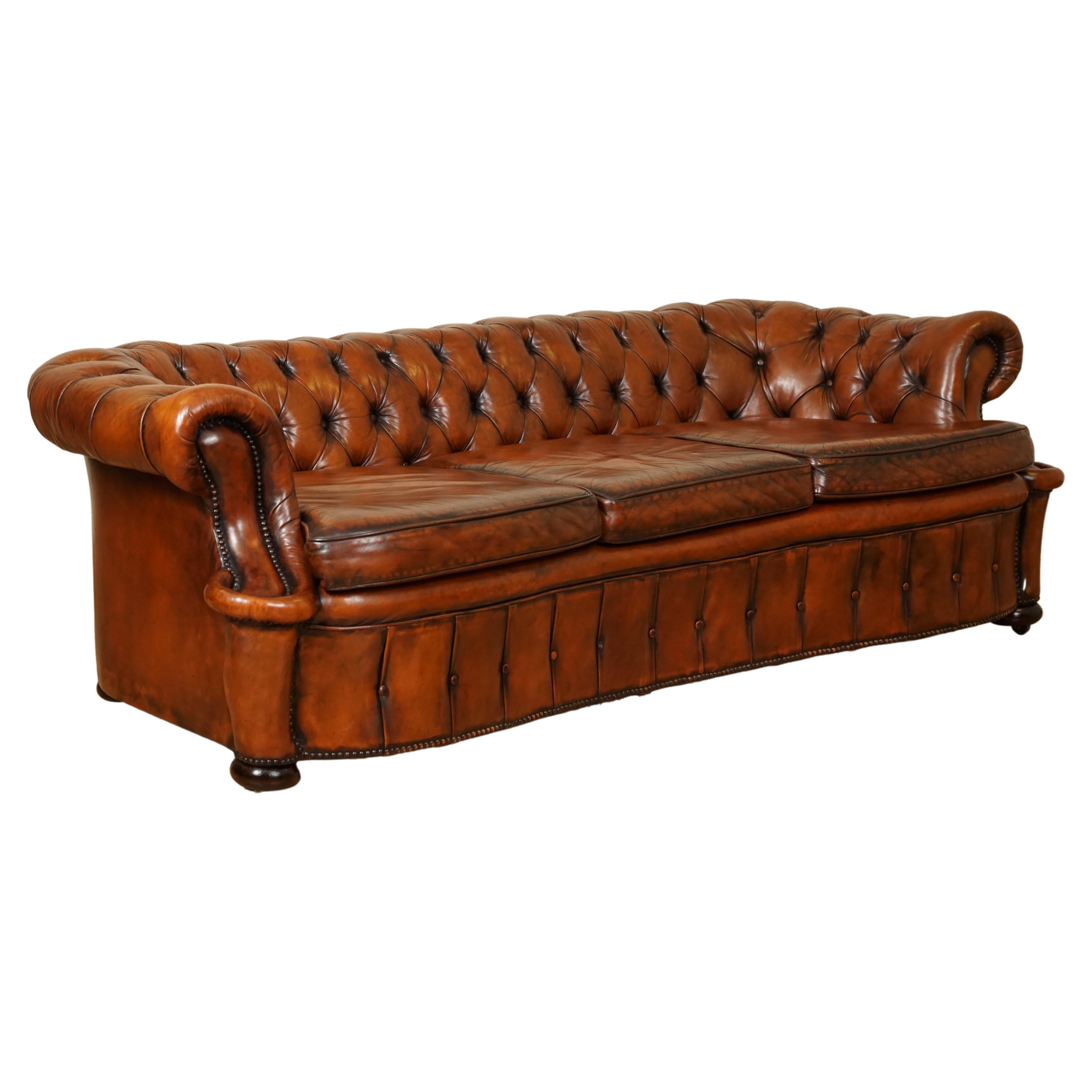 One of a Kind Whiskey Brown Hand Dyed Leather Serpentine Club Chesterfield Sofa