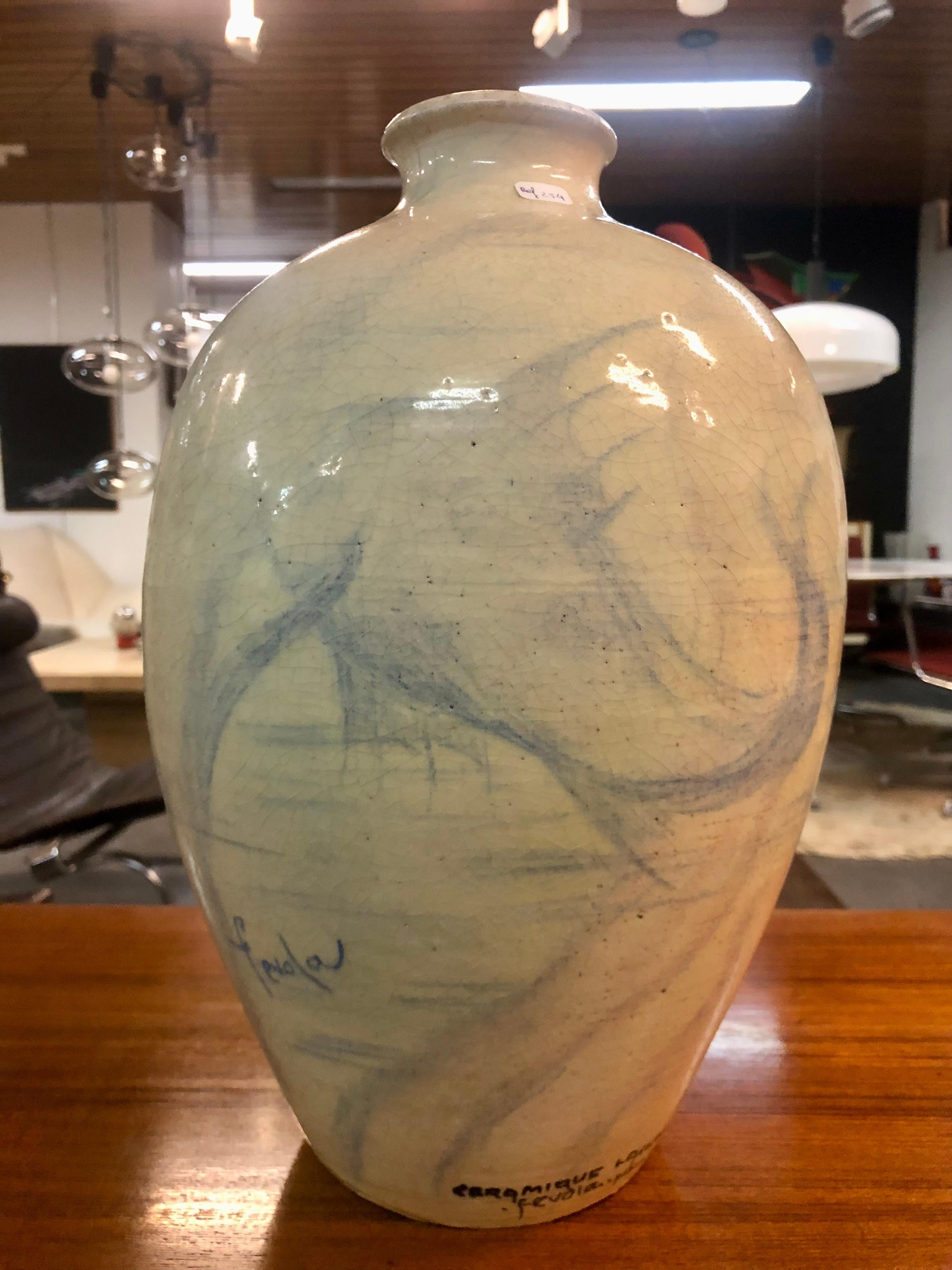 Art déco  Vase unique en son genre avec motif de poissons bleus par Lachenal et Fevola en vente