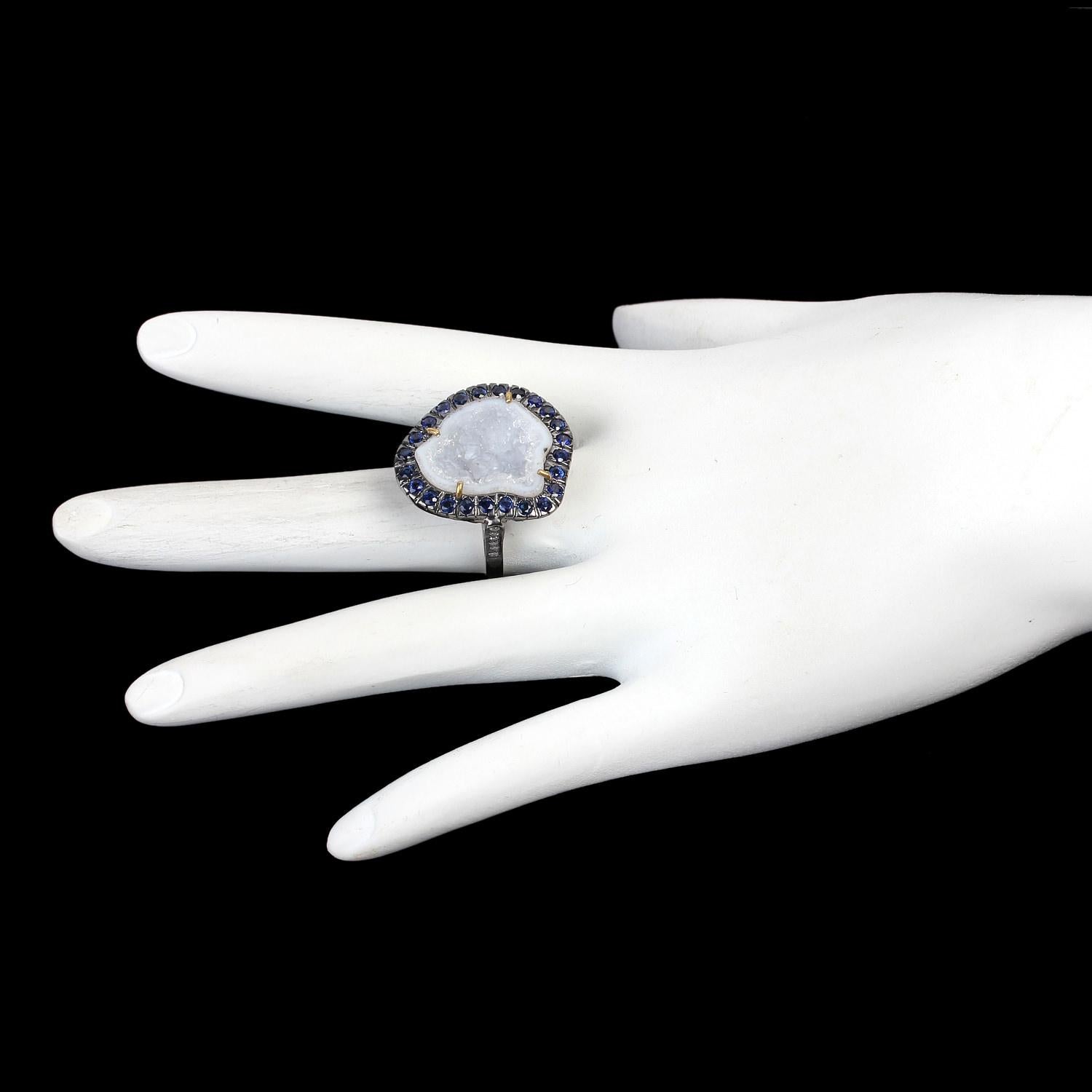 Modern One of a Kind White Geode with Diamonds and Sapphire Set in Gold and Silver