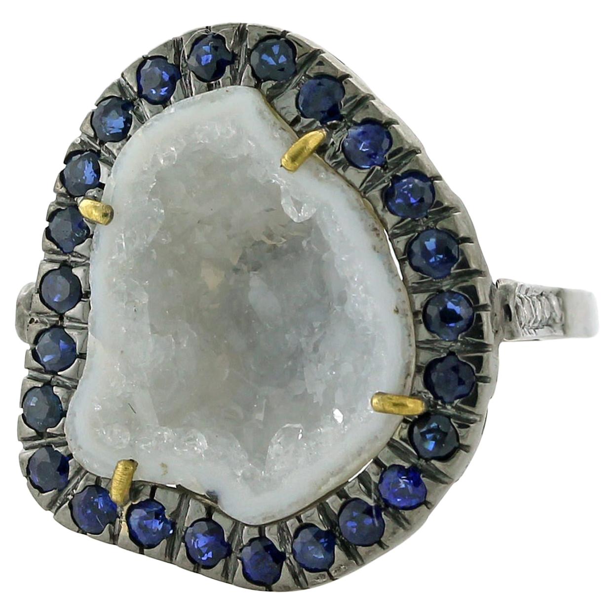 One of a Kind White Geode with Diamonds and Sapphire Set in Gold and Silver