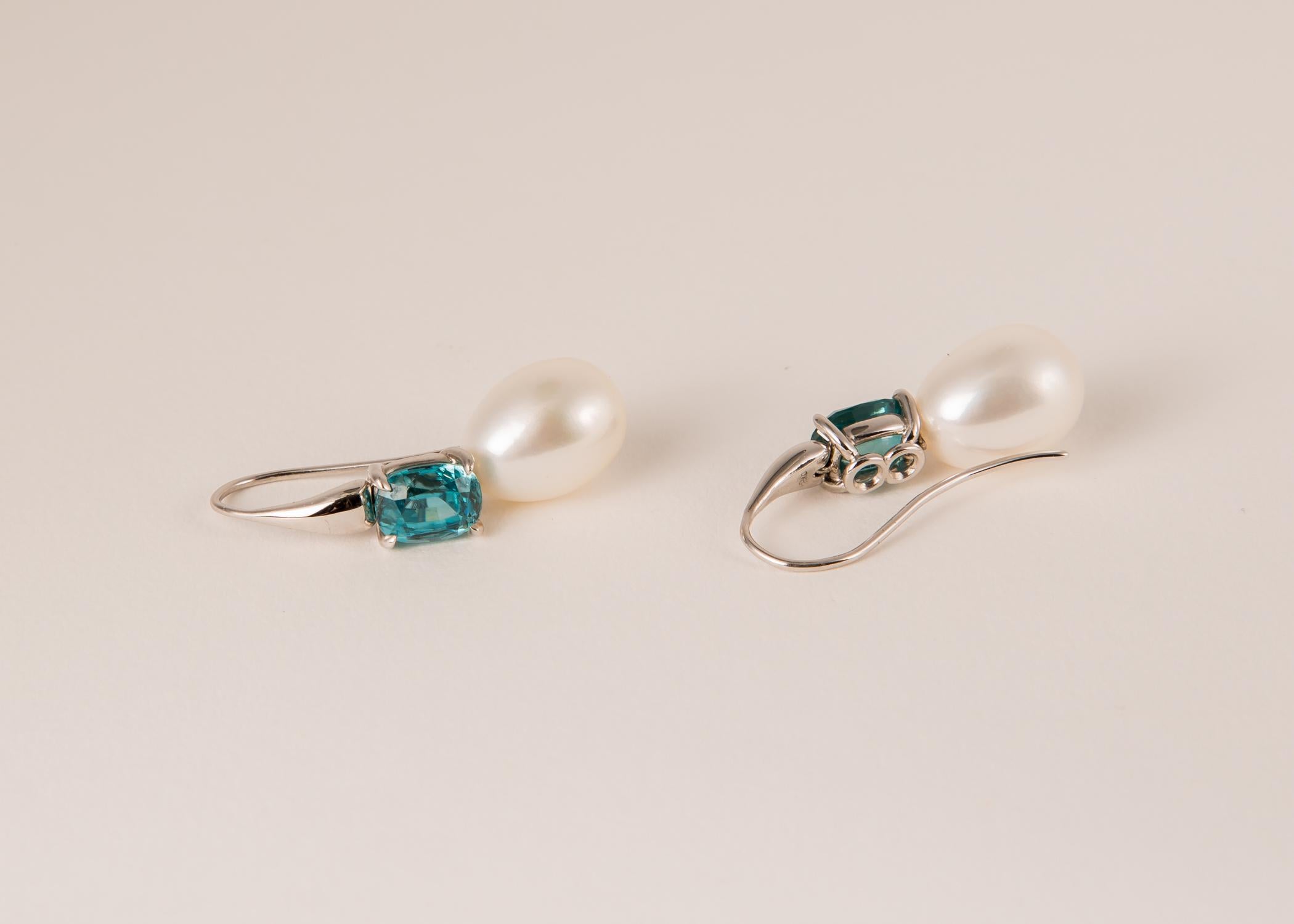 Oval Cut One of a Kind White Gold Zircon and Pearl Earrings For Sale