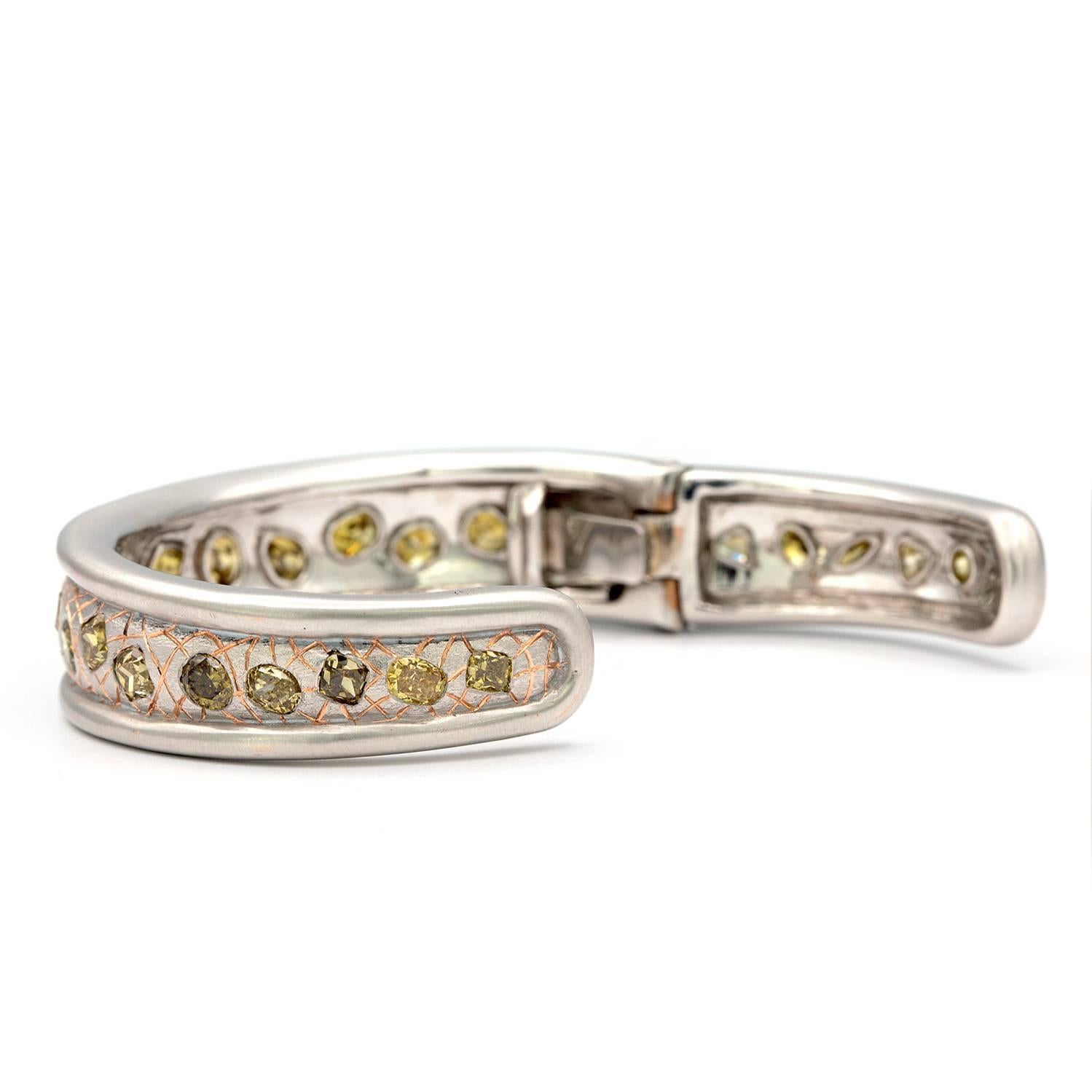 One of a Kind White/ Rose Gold Bangle with 23 Various Natural Colored Stones In New Condition For Sale In New York, NY