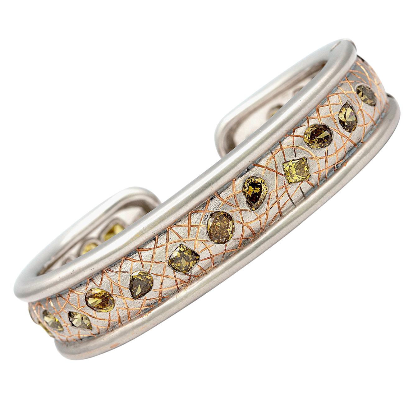One of a Kind White/ Rose Gold Bangle with 23 Various Natural Colored Stones For Sale