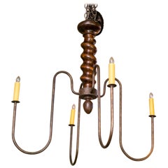 One-of-a-Kind Wooden Barley Twist Iron Arm Chandelier