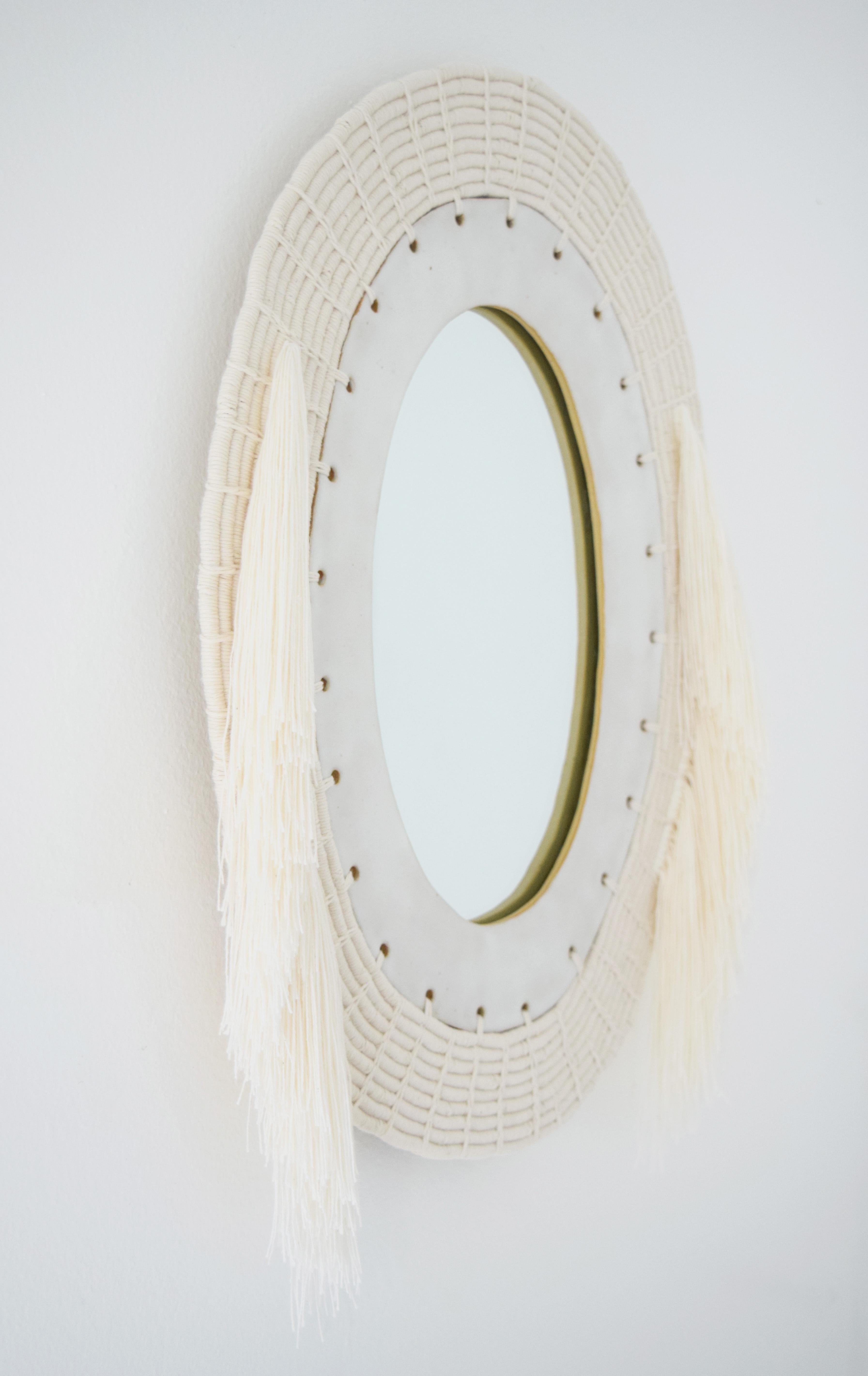 American One of a Kind Woven Cotton and Ceramic Oval Mirror in White