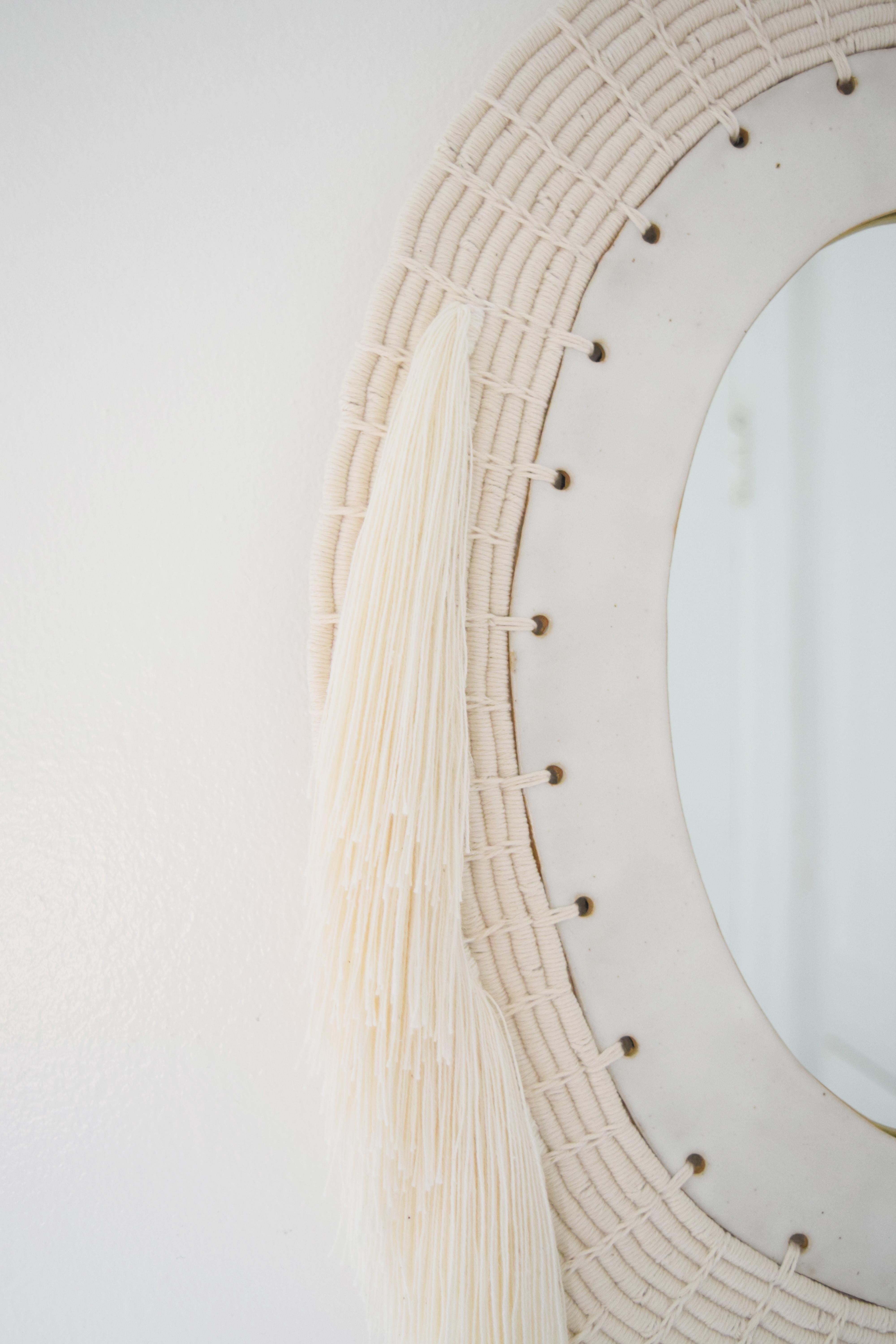 Hand-Woven One of a Kind Woven Cotton and Ceramic Oval Mirror in White